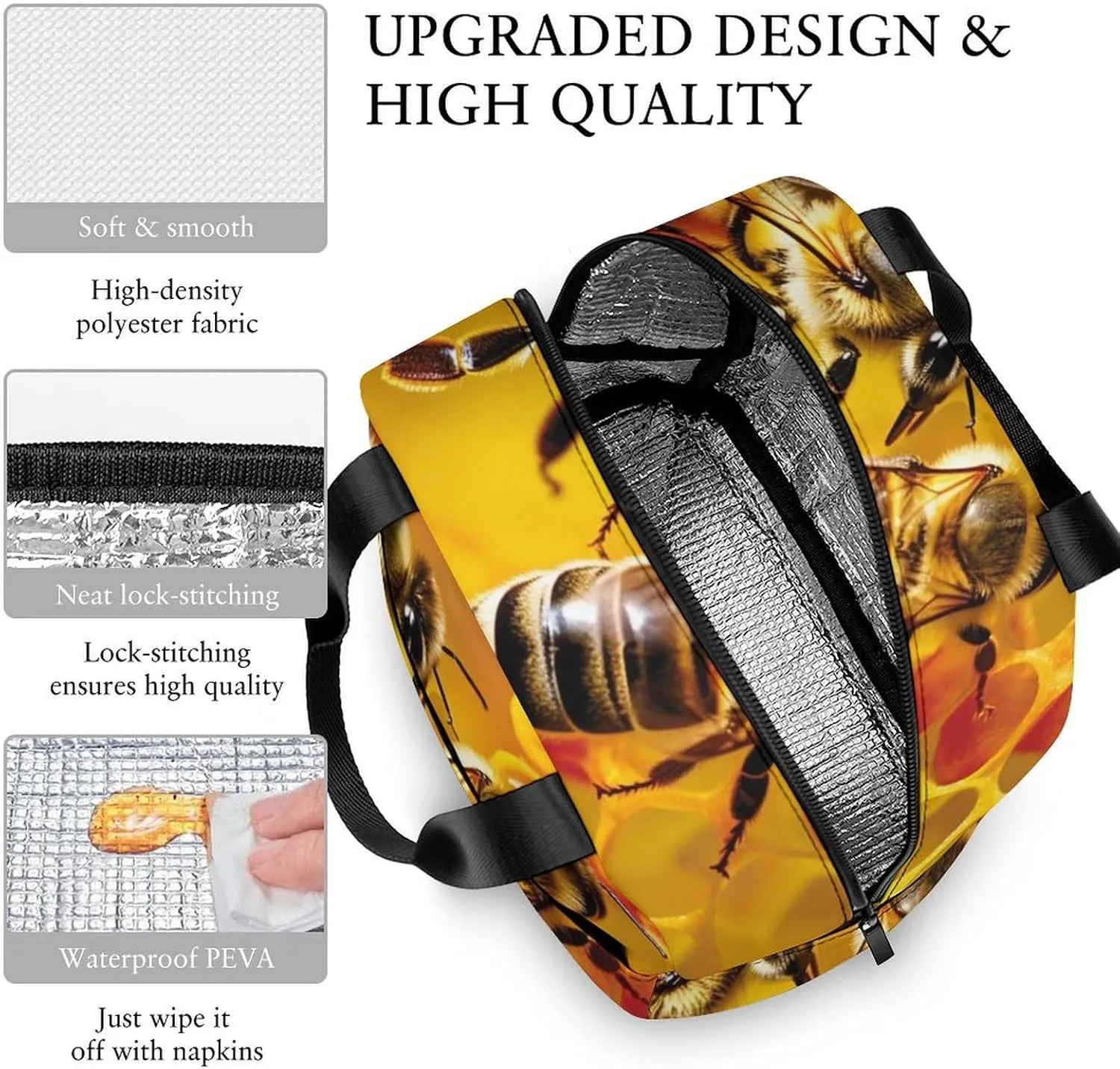 Lunch Bag Insulated Lunch Box for Women Men Reusable Lunch Tote Bag with Front Pocket Bee Picking Nectar Leakproof Cooler Bag Lunchbox for Office Work Travel Picnic