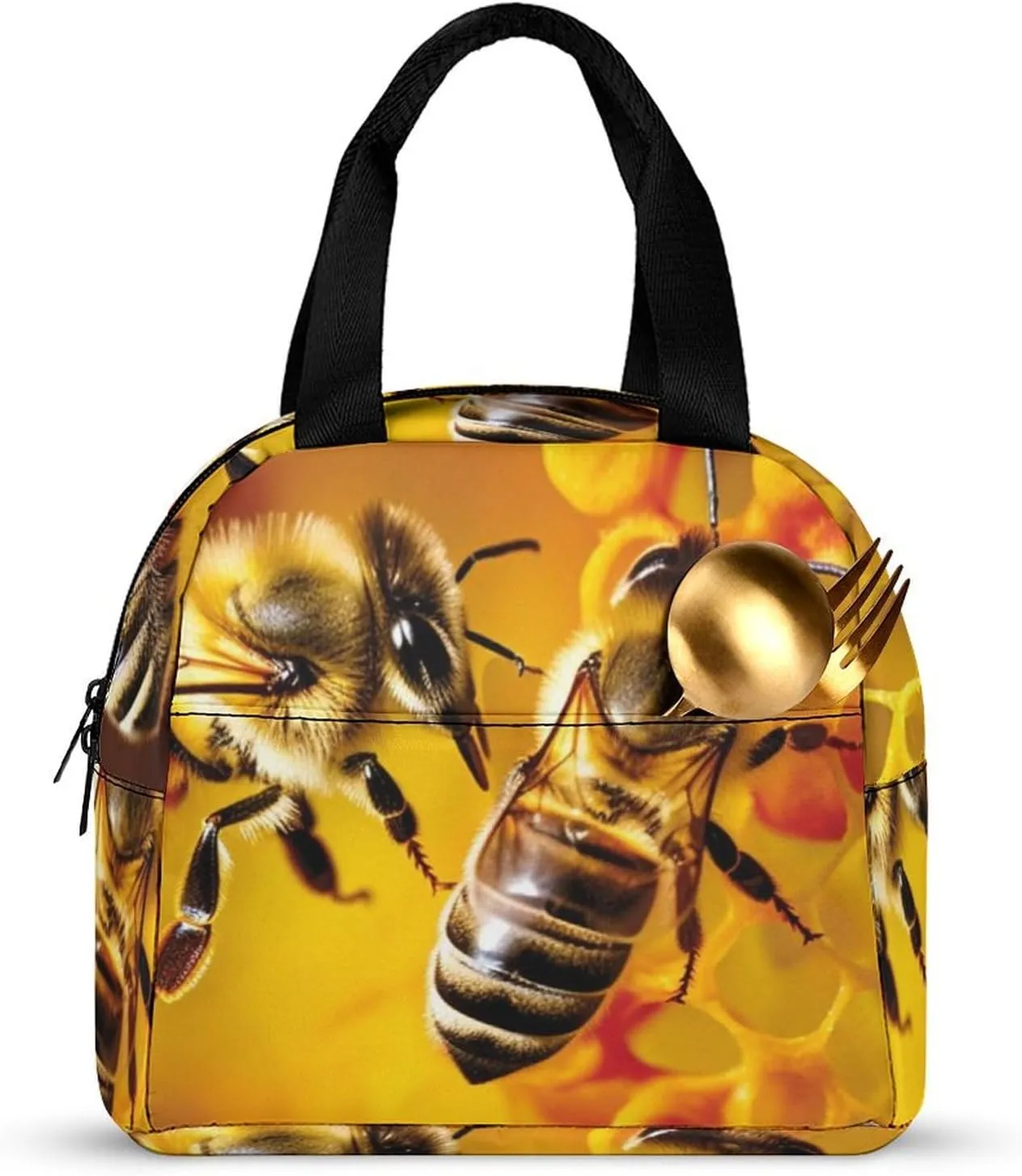 Lunch Bag Insulated Lunch Box for Women Men Reusable Lunch Tote Bag with Front Pocket Bee Picking Nectar Leakproof Cooler Bag Lunchbox for Office Work Travel Picnic