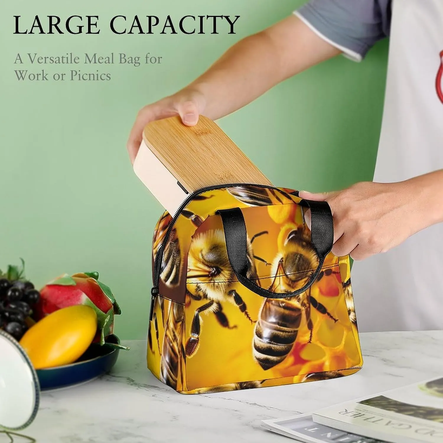 Lunch Bag Insulated Lunch Box for Women Men Reusable Lunch Tote Bag with Front Pocket Bee Picking Nectar Leakproof Cooler Bag Lunchbox for Office Work Travel Picnic