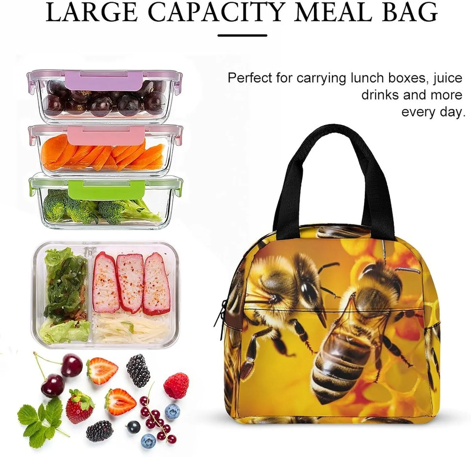Lunch Bag Insulated Lunch Box for Women Men Reusable Lunch Tote Bag with Front Pocket Bee Picking Nectar Leakproof Cooler Bag Lunchbox for Office Work Travel Picnic