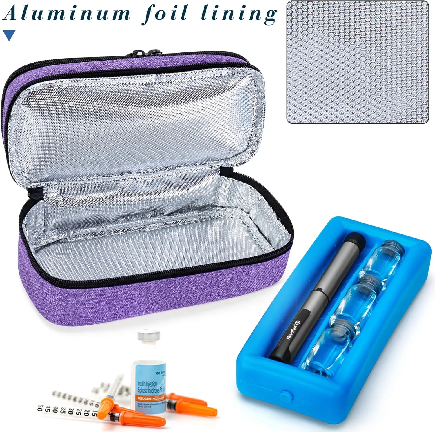 LUXJA 2 Layers Insulin Case with an Ice Pack - Holds 6 Vials (10ml) or 2 Insulin Pens, Diabetic Bag with Supplies Storage Pockets, Purple
