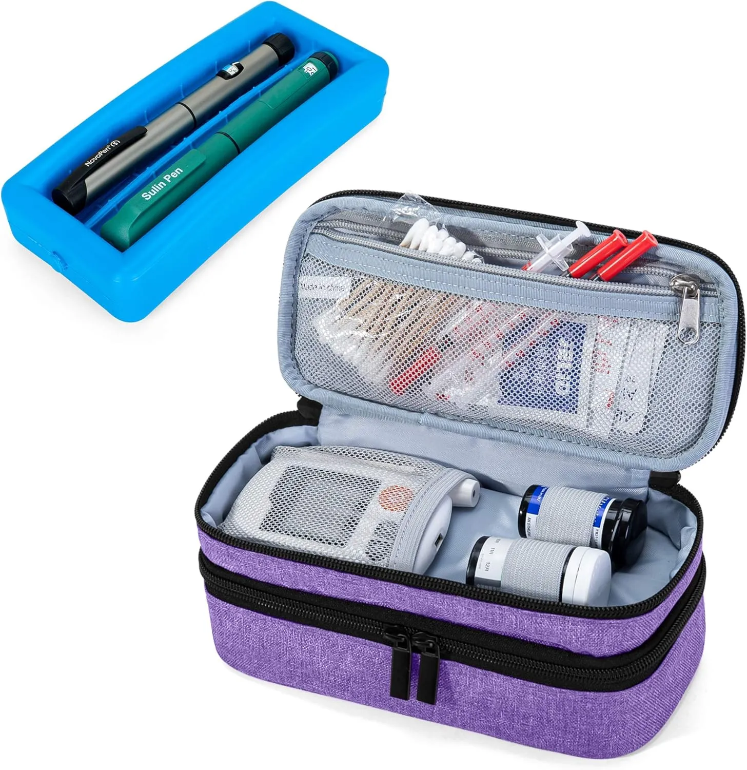 LUXJA 2 Layers Insulin Case with an Ice Pack - Holds 6 Vials (10ml) or 2 Insulin Pens, Diabetic Bag with Supplies Storage Pockets, Purple