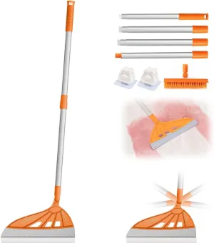 Magic Air Broom with V-Shape Brush, 2 in 1 Silicone Broom for Floor Cleaning, 60” Long Handle Squeegee Sets to Clean pet Hair, Ketchup, Glass Shards (Orange)