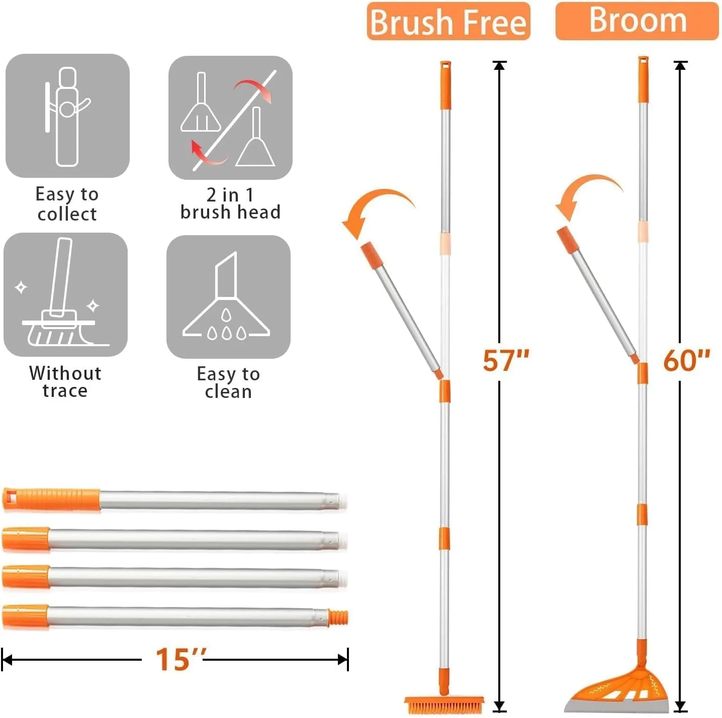 Magic Air Broom with V-Shape Brush, 2 in 1 Silicone Broom for Floor Cleaning, 60” Long Handle Squeegee Sets to Clean pet Hair, Ketchup, Glass Shards (Orange)