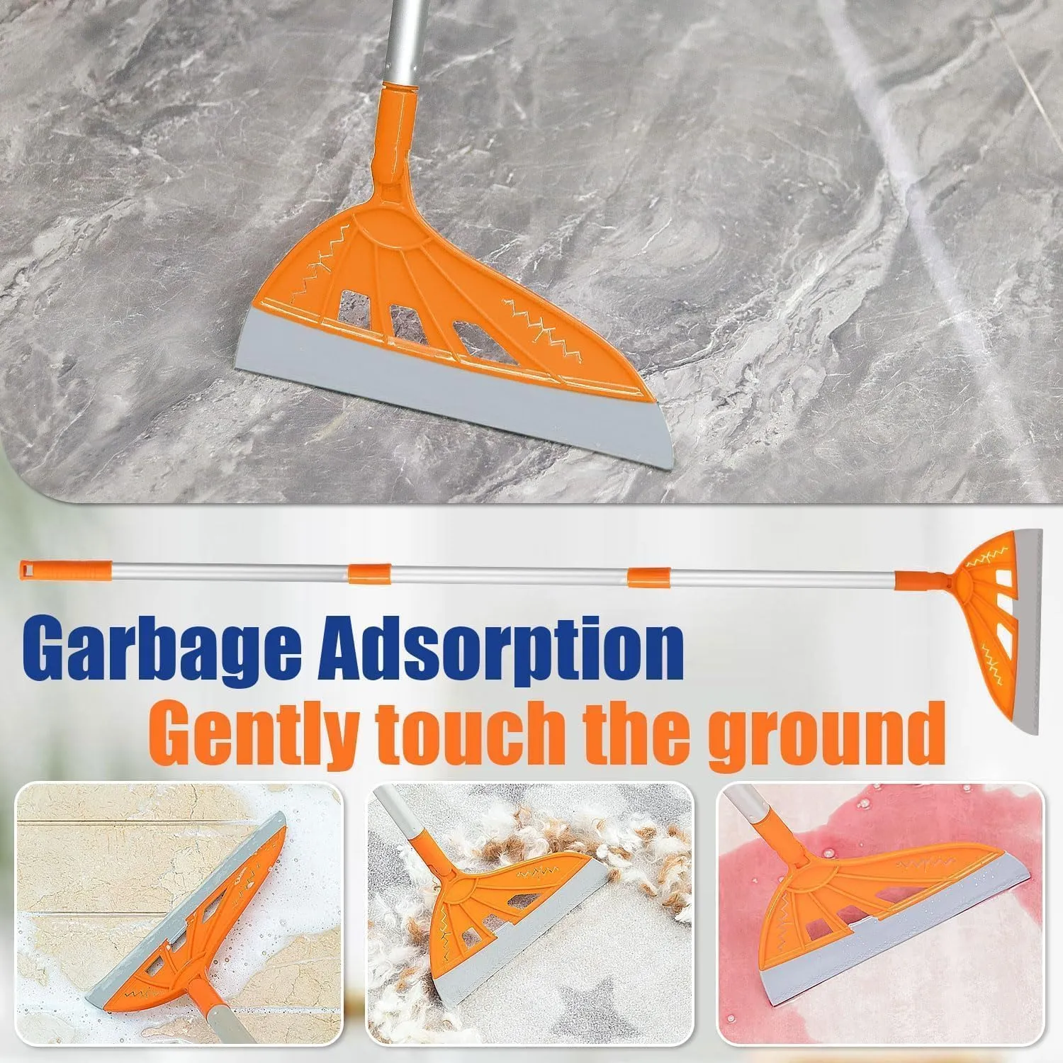 Magic Air Broom with V-Shape Brush, 2 in 1 Silicone Broom for Floor Cleaning, 60” Long Handle Squeegee Sets to Clean pet Hair, Ketchup, Glass Shards (Orange)