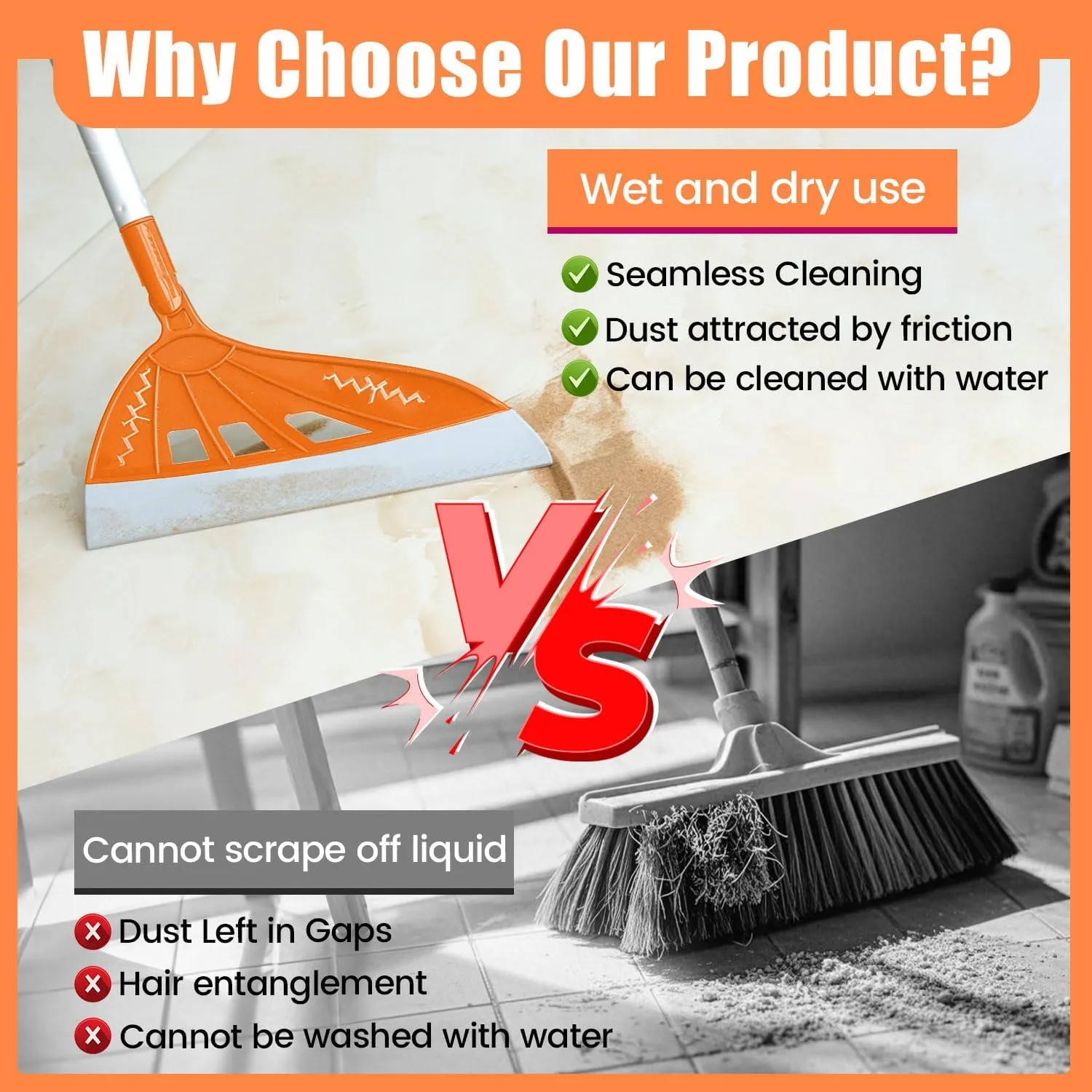 Magic Air Broom with V-Shape Brush, 2 in 1 Silicone Broom for Floor Cleaning, 60” Long Handle Squeegee Sets to Clean pet Hair, Ketchup, Glass Shards (Orange)