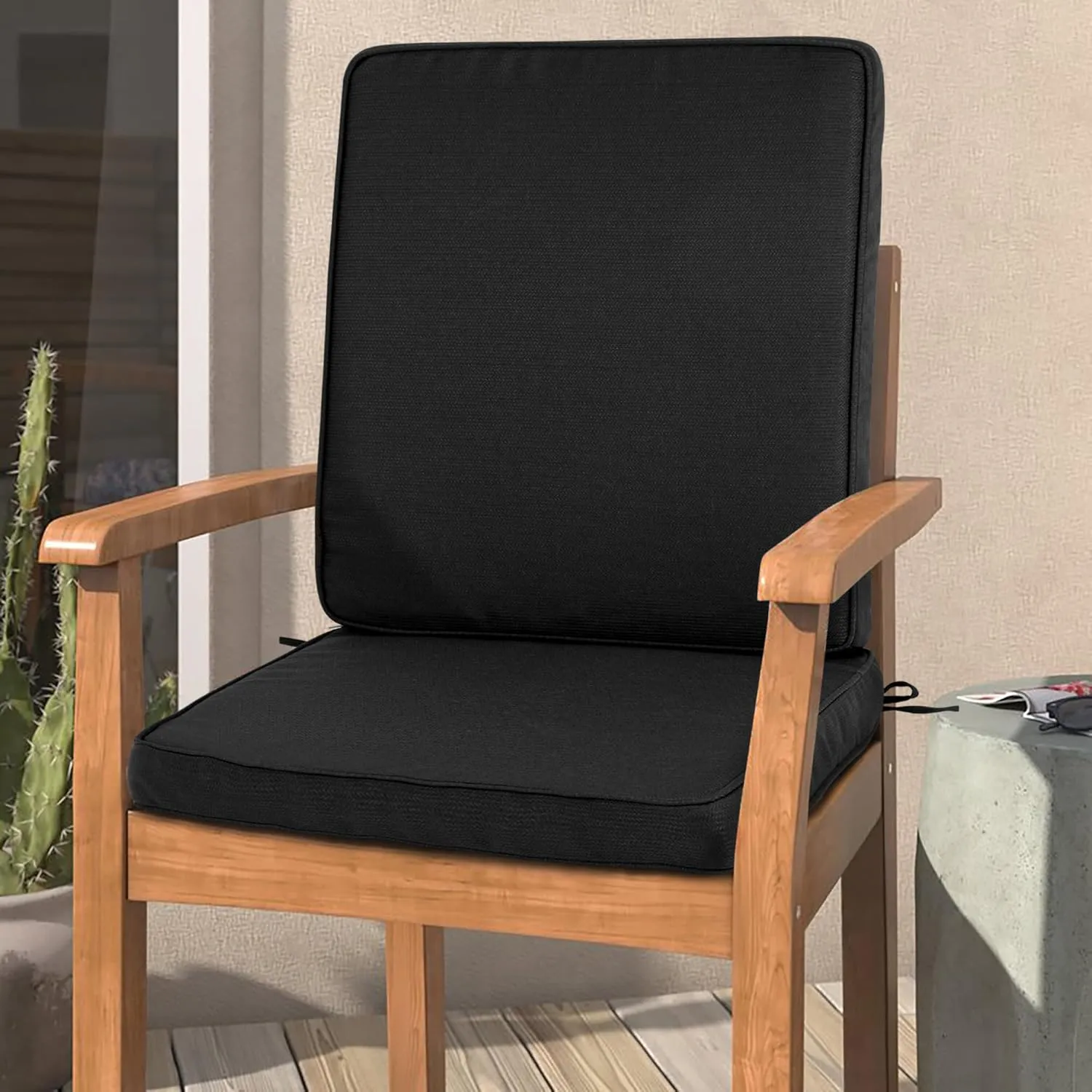 Magpie Fabrics Outdoor/Indoor High Back Square Corner Chair Cushion with Handle & Ties, Waterproof for Home Garden Balcony Patio Beach Swimming Pool, 45"x20"x3", Black