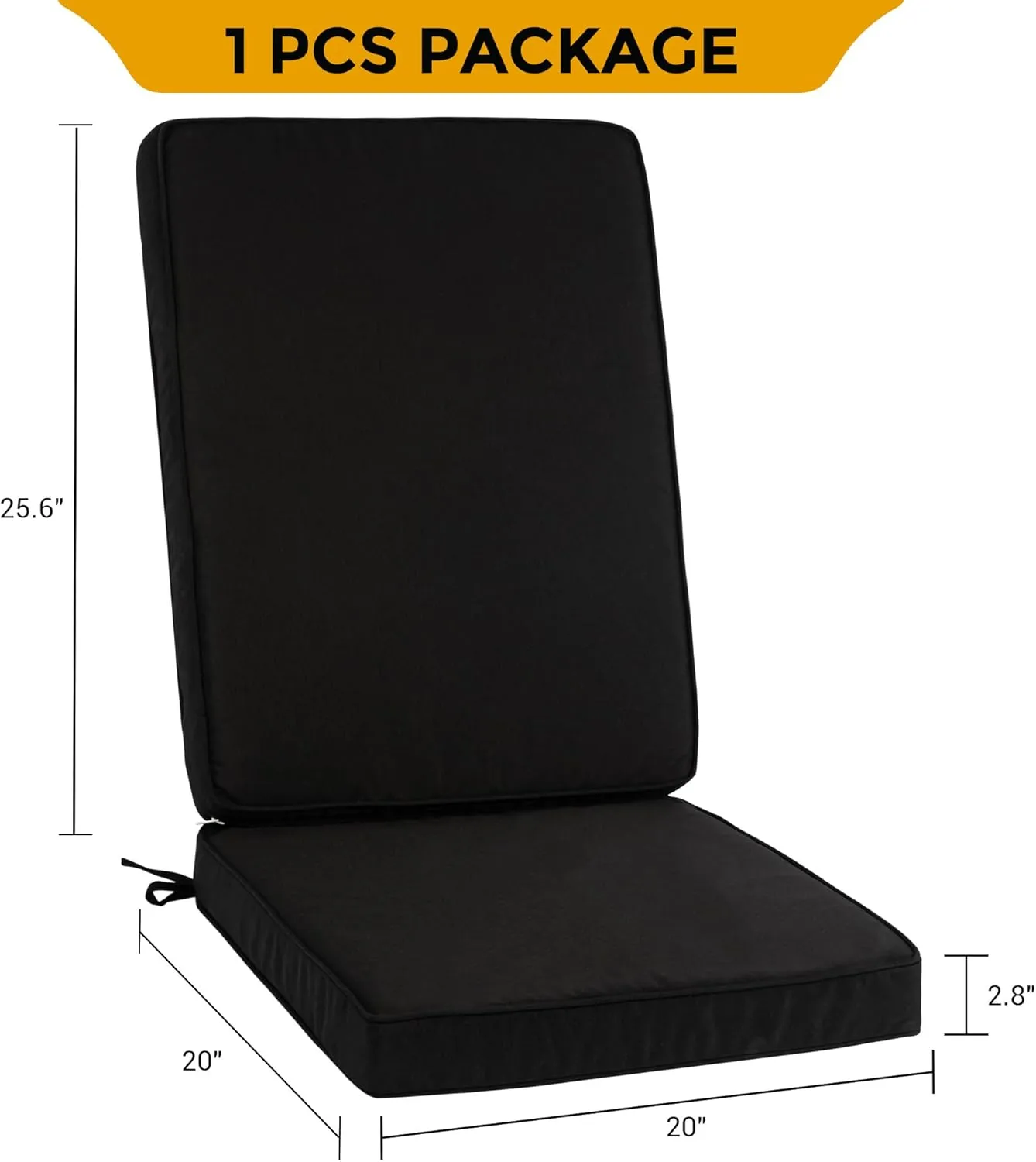 Magpie Fabrics Outdoor/Indoor High Back Square Corner Chair Cushion with Handle & Ties, Waterproof for Home Garden Balcony Patio Beach Swimming Pool, 45"x20"x3", Black