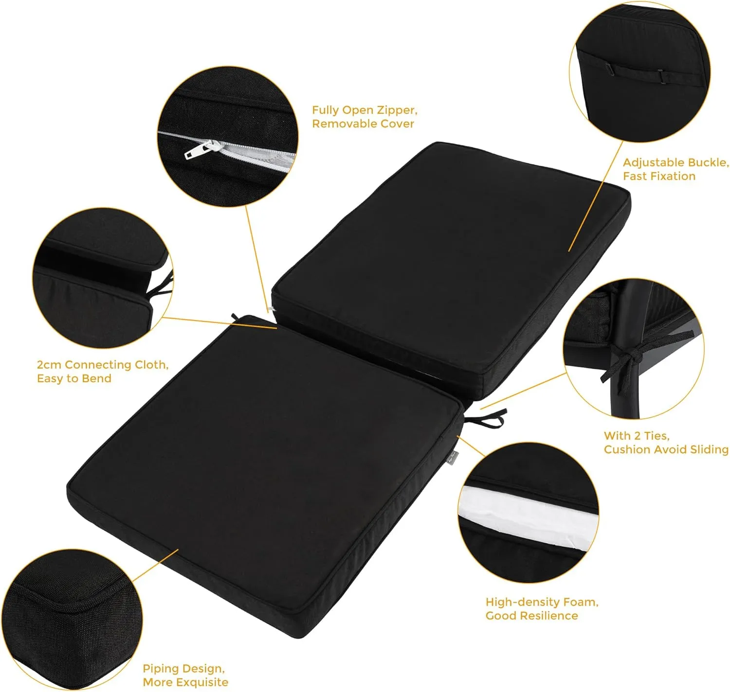 Magpie Fabrics Outdoor/Indoor High Back Square Corner Chair Cushion with Handle & Ties, Waterproof for Home Garden Balcony Patio Beach Swimming Pool, 45"x20"x3", Black