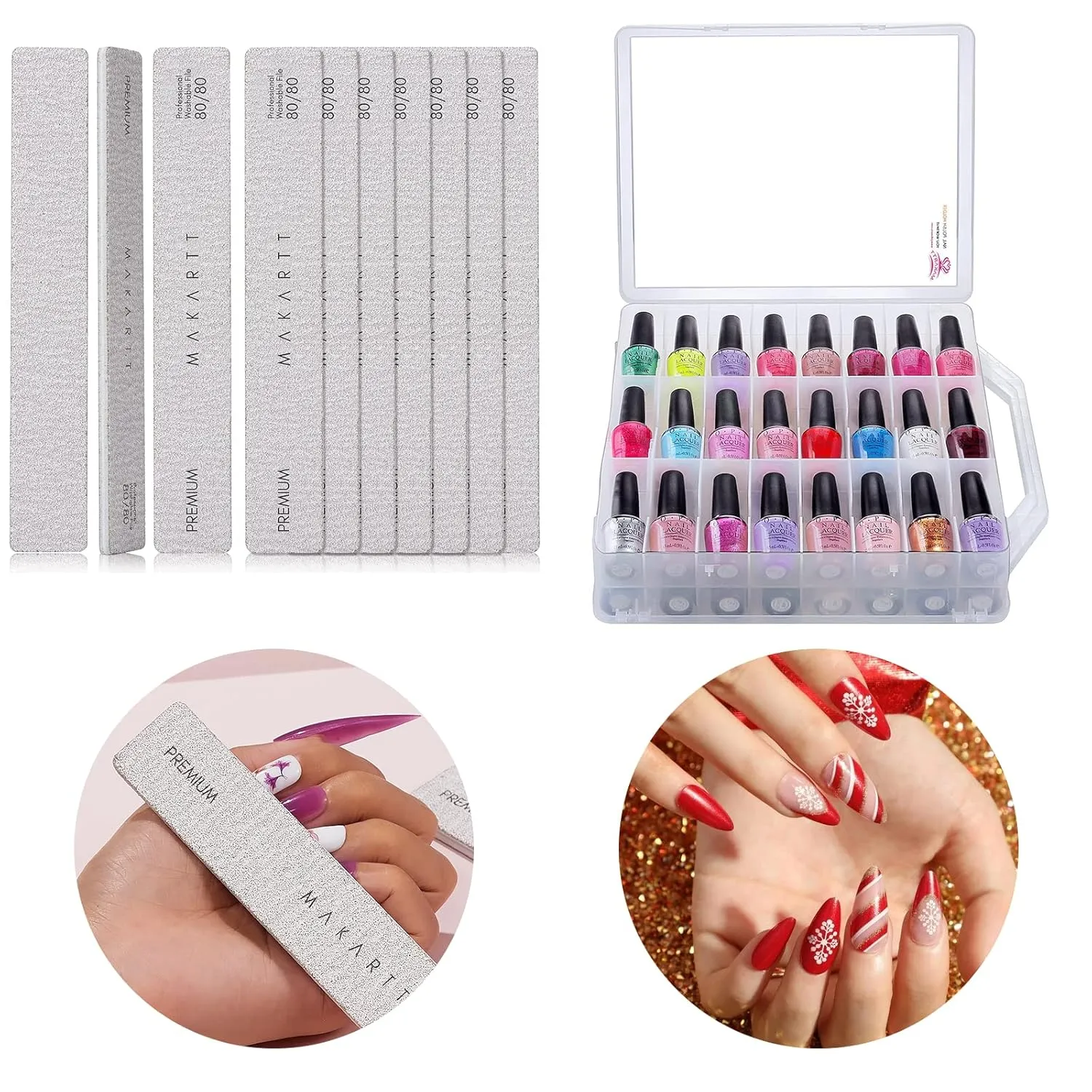 Makartt Nail Polish Organizer, Clear Universal Nail Polish Holder for 48 Bottles Bundle with Nail File 80 80 Grit Emery Boards for Nails 10pcs Nail Files for Acrylic Nails
