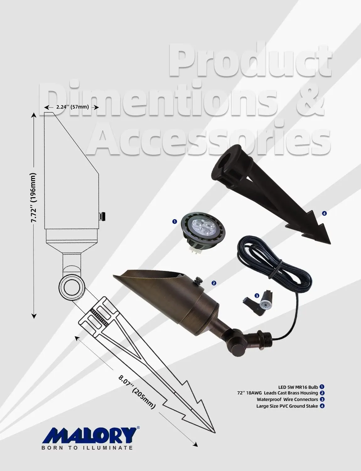 MALORY Brass Landscape Spotlight 6-Pack with MR16 Bulb Kit(S04), Low Voltage 12V AC/DC Shroud Adjustable Outside Yard Lights,PVC Ground Stake and Wire Connector Included, 5W 2700K Warm White