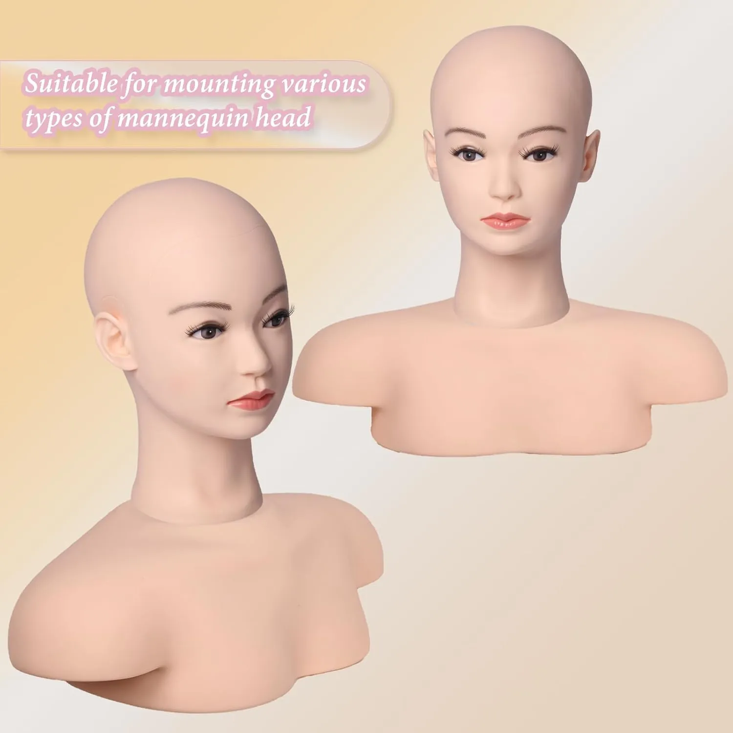 Mannequin Head Stand, Shoulder Support, Professional Display Base, Beige/Yellow/Flesh-Toned, Female, Cosmetology & Wig Display, Foam & Plastic, 14.4 x 5.9 x 7.08 inches