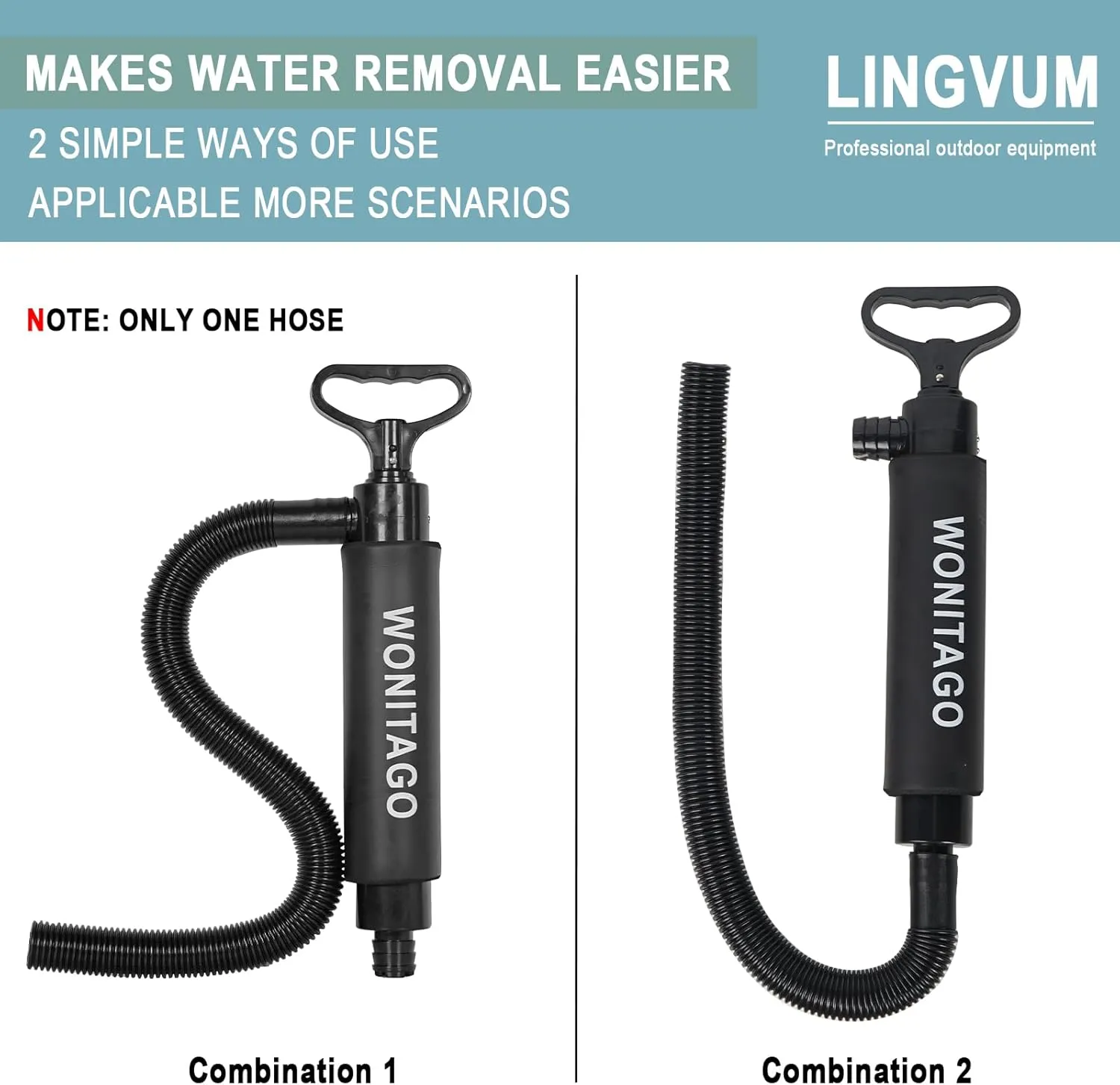 Manual Bilge Pump for Kayak Canoe and Boat - 17 Inch Portable Siphon Pump Kayak Hand Water Pumps with Reversible Hose Full Black