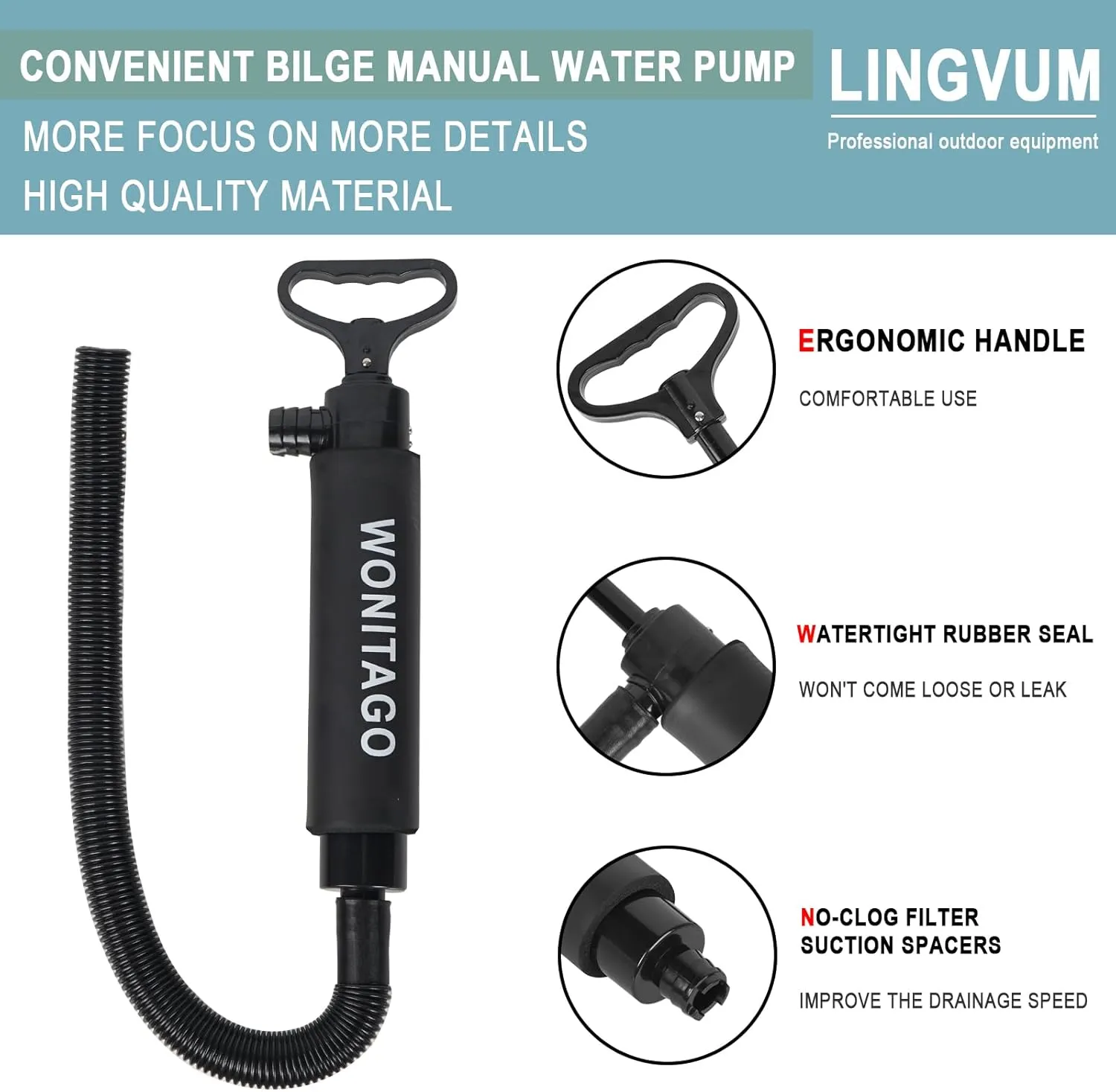 Manual Bilge Pump for Kayak Canoe and Boat - 17 Inch Portable Siphon Pump Kayak Hand Water Pumps with Reversible Hose Full Black