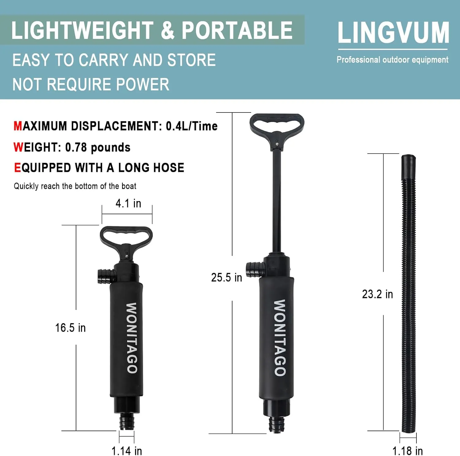 Manual Bilge Pump for Kayak Canoe and Boat - 17 Inch Portable Siphon Pump Kayak Hand Water Pumps with Reversible Hose Full Black