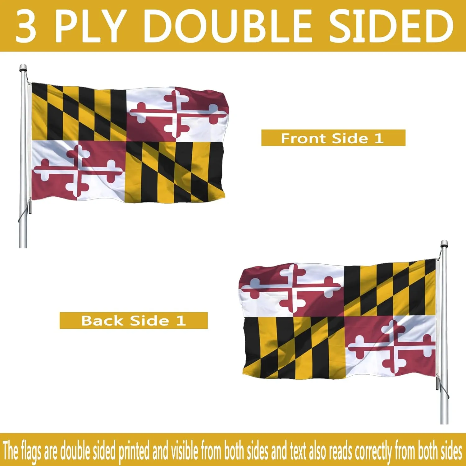 Maryland Flag Double Sided 3x5 Outdoor- Heavy Duty MD Maryland State Flags Banner Gifts Decorations with 2 Brass Grommets 4 Rows Stitched