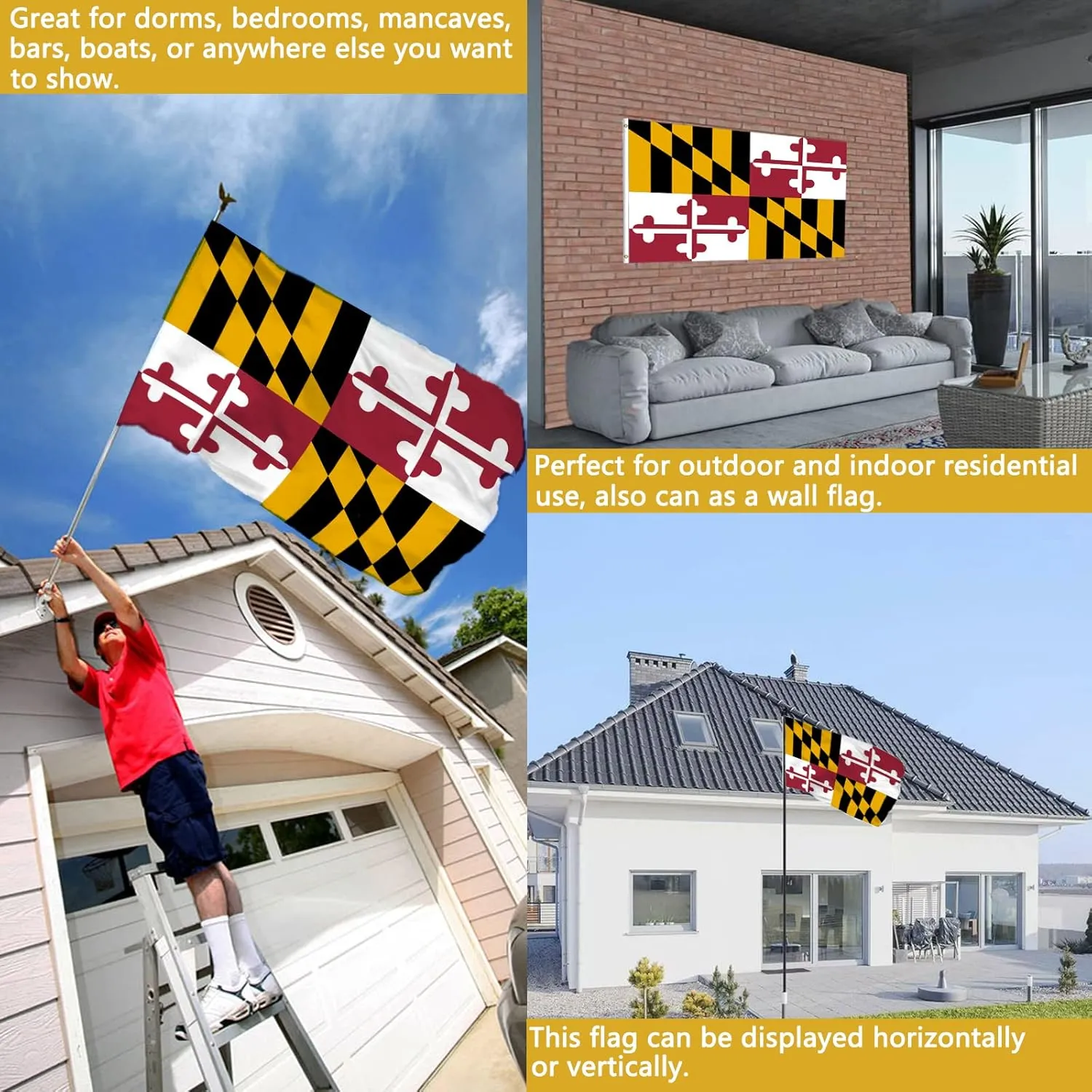 Maryland Flag Double Sided 3x5 Outdoor- Heavy Duty MD Maryland State Flags Banner Gifts Decorations with 2 Brass Grommets 4 Rows Stitched