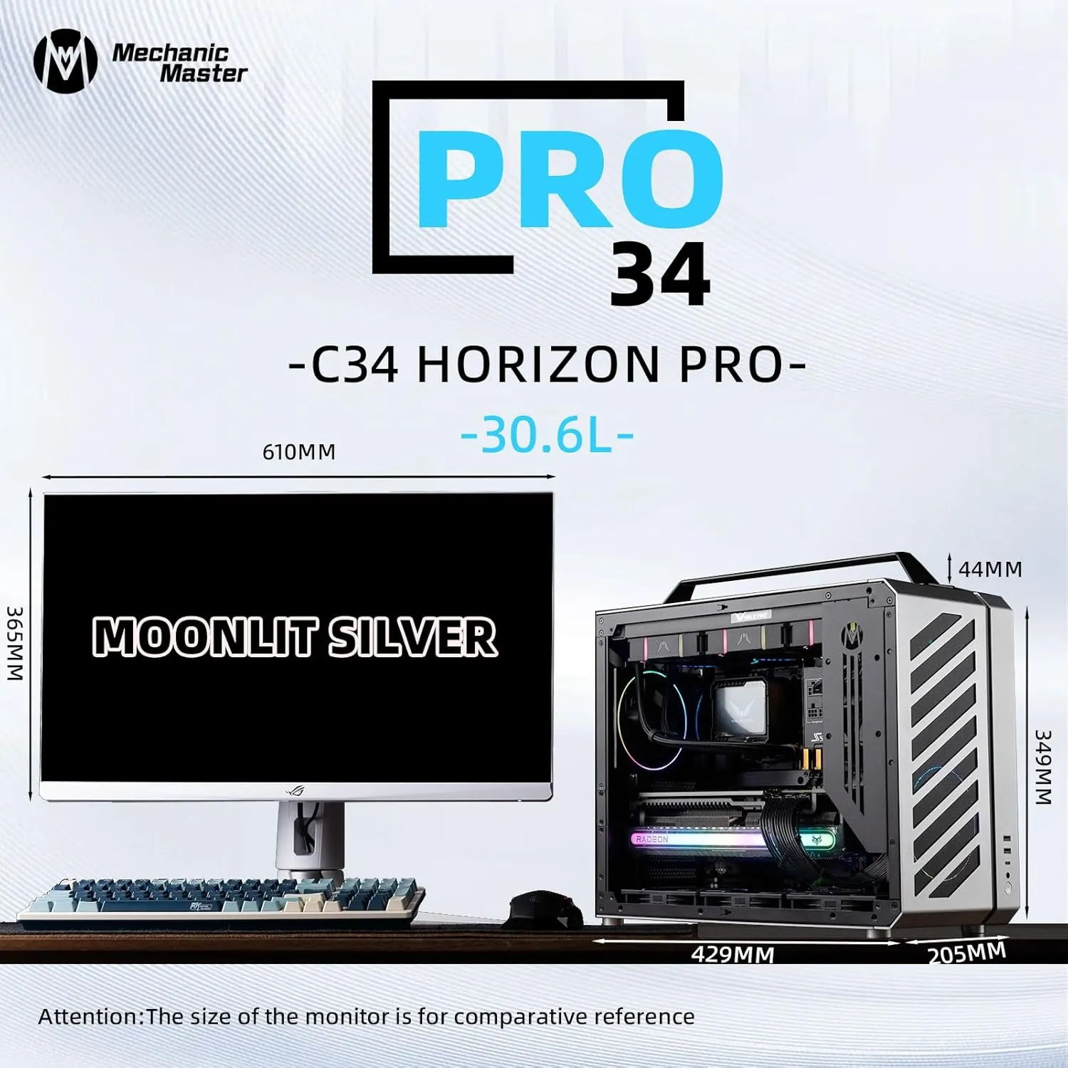 Mechanic Master C34Pro Compact Desktop PC Case with Carry Handle | 360mm AIO Support, ATX/E-ATX (27cm Width), Long GPU Compatibility, Modular Design & Switchable 5-Slot Mode(Moonlight Silver)