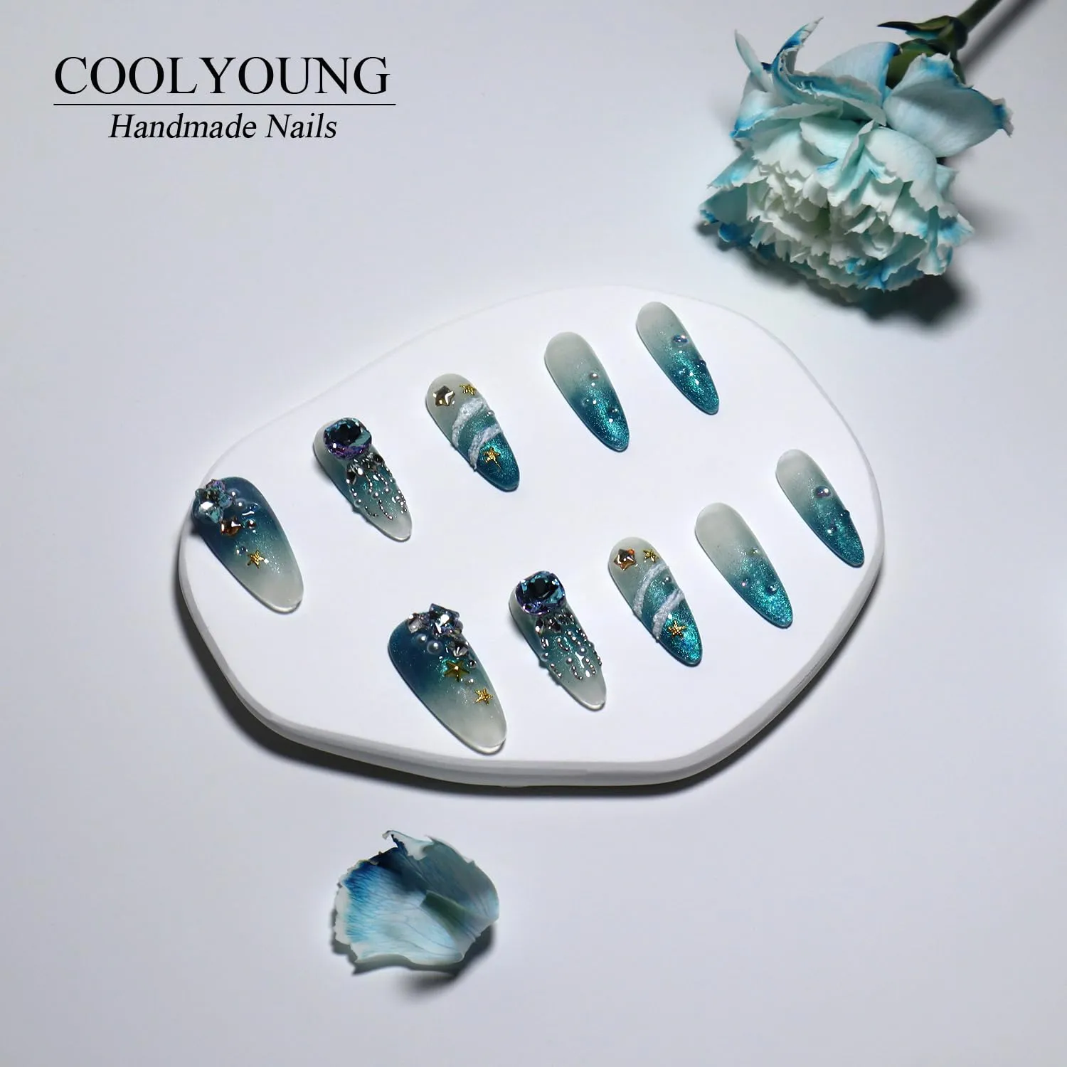 Medium Press On Nails, Blue Press On Nails, Starry Sea, Handmade and Reusable, Cute Fake Nails, Holiday Nails Press On, 10 Pieces Blue Press On Nails with 1 Storage Bag and Gel Nail Kit