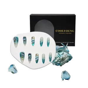 Medium Press On Nails, Blue Press On Nails, Starry Sea, Handmade and Reusable, Cute Fake Nails, Holiday Nails Press On, 10 Pieces Blue Press On Nails with 1 Storage Bag and Gel Nail Kit