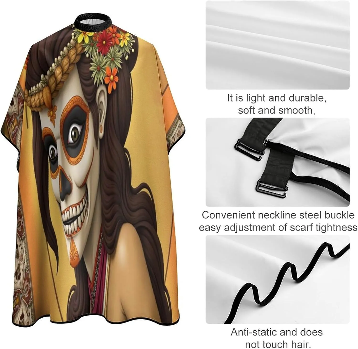 Men Women Artistic Sugar Skull Dead Women Art Hair Styling Cape - Full Coverage Professional Hair Cutting Apron for Hair Dye, Easy Clean