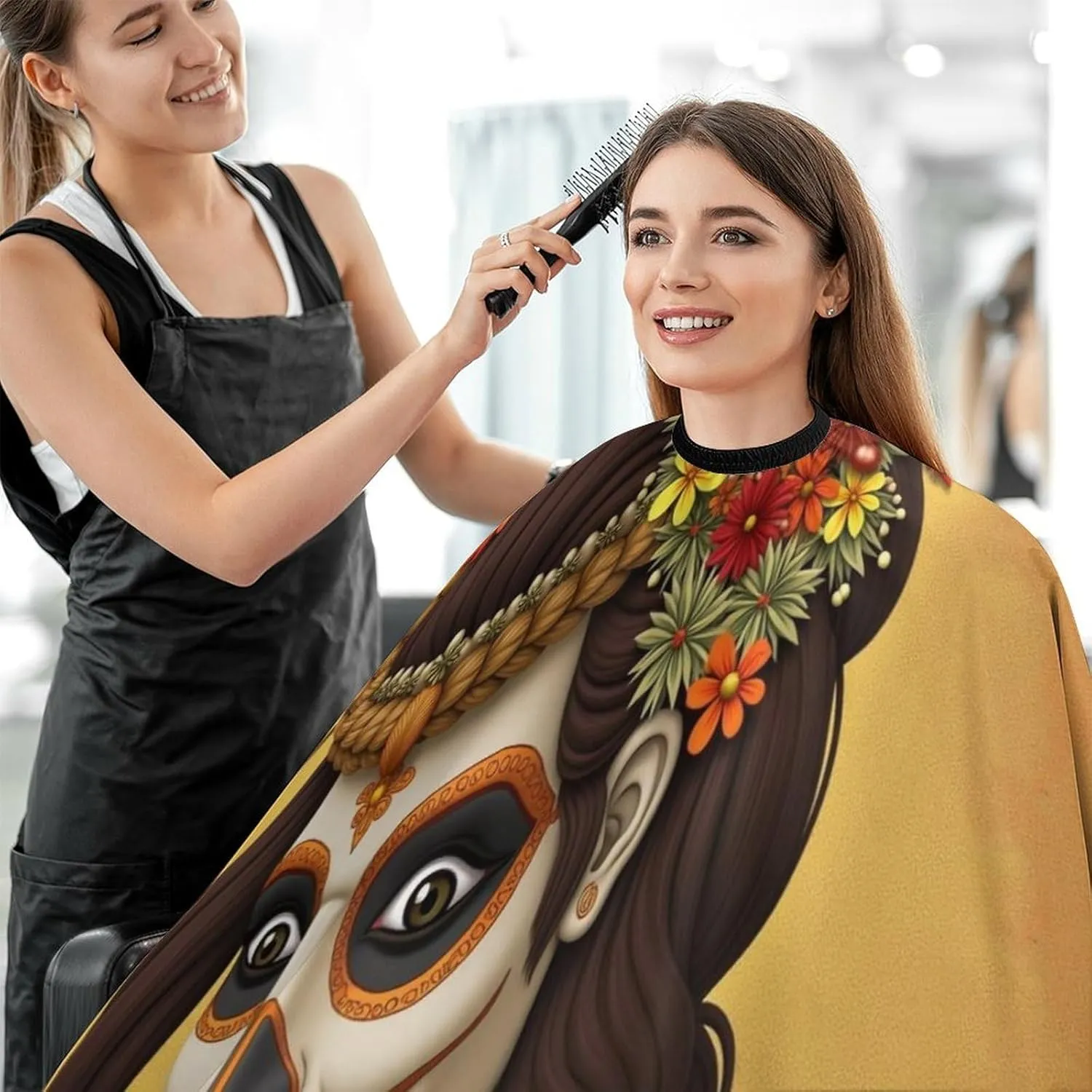 Men Women Artistic Sugar Skull Dead Women Art Hair Styling Cape - Full Coverage Professional Hair Cutting Apron for Hair Dye, Easy Clean