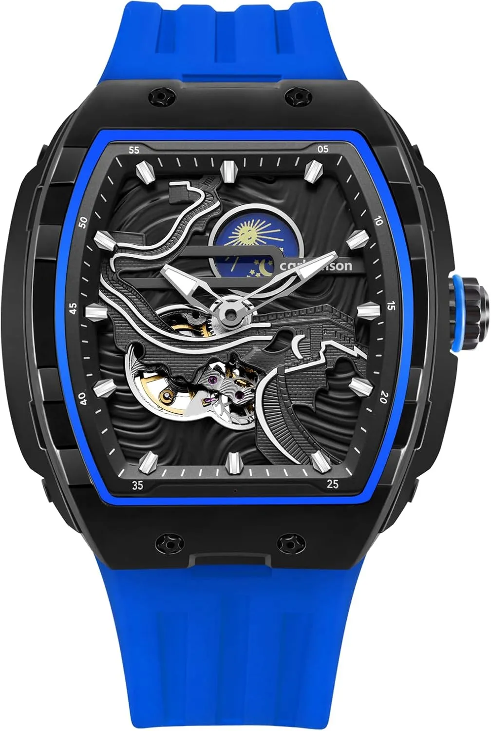 Men's Luxury Steampunk Automatic Mechanical Watch Great Wall of China Pattern Carving Watch Tonneau Hollowed Moon Phase Dial Waterproof Luminous Silicone Wristwatch