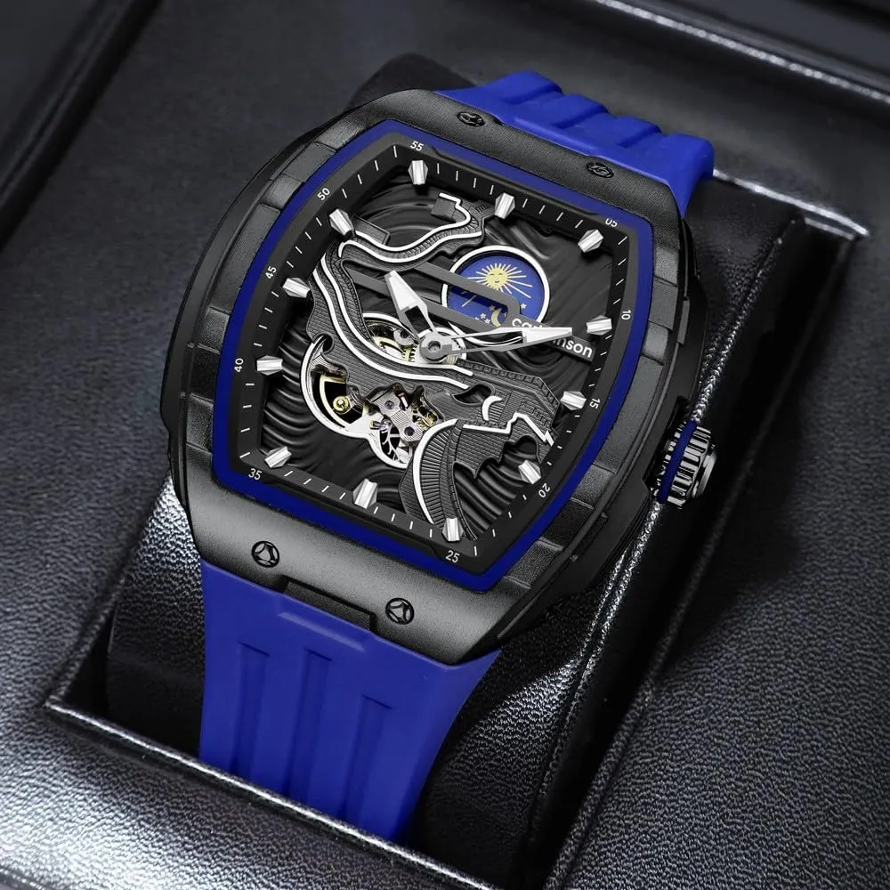 Men's Luxury Steampunk Automatic Mechanical Watch Great Wall of China Pattern Carving Watch Tonneau Hollowed Moon Phase Dial Waterproof Luminous Silicone Wristwatch