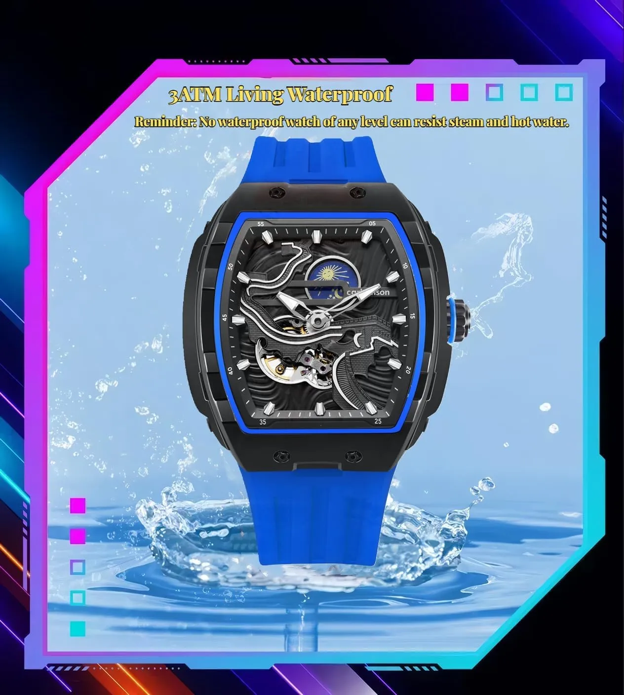Men's Luxury Steampunk Automatic Mechanical Watch Great Wall of China Pattern Carving Watch Tonneau Hollowed Moon Phase Dial Waterproof Luminous Silicone Wristwatch