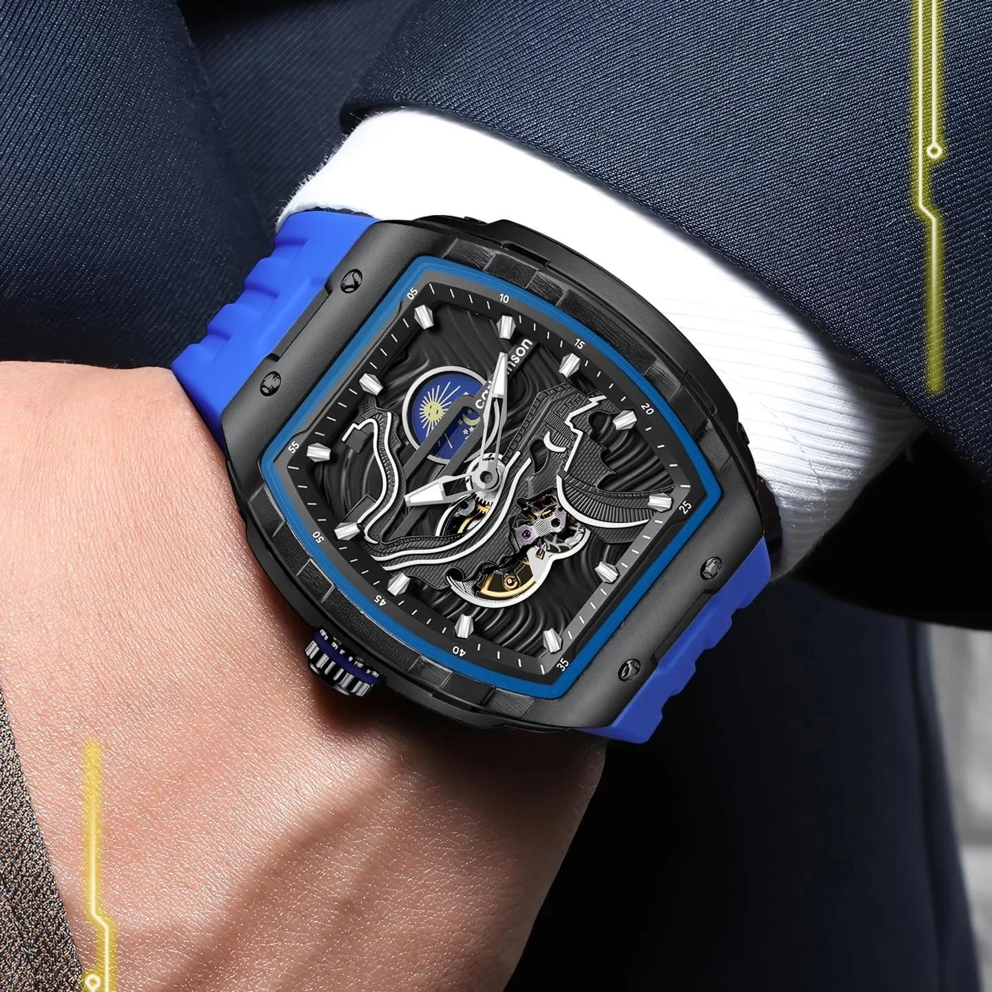 Men's Luxury Steampunk Automatic Mechanical Watch Great Wall of China Pattern Carving Watch Tonneau Hollowed Moon Phase Dial Waterproof Luminous Silicone Wristwatch
