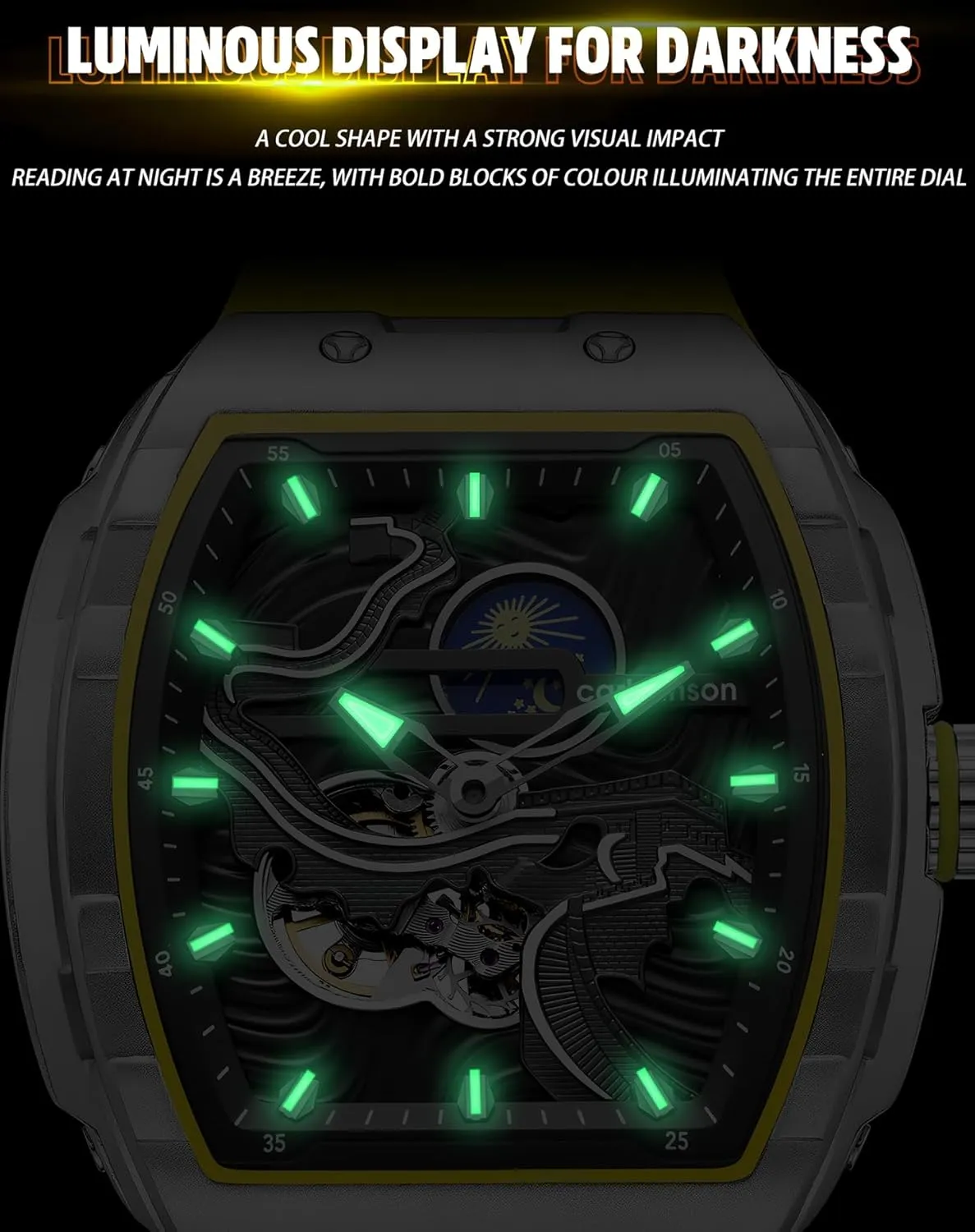 Men's Luxury Steampunk Automatic Mechanical Watch Great Wall of China Pattern Carving Watch Tonneau Hollowed Moon Phase Dial Waterproof Luminous Silicone Wristwatch