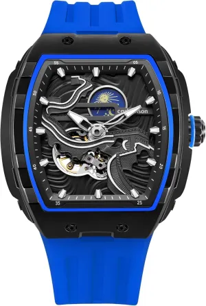 Men's Luxury Steampunk Automatic Mechanical Watch Great Wall of China Pattern Carving Watch Tonneau Hollowed Moon Phase Dial Waterproof Luminous Silicone Wristwatch