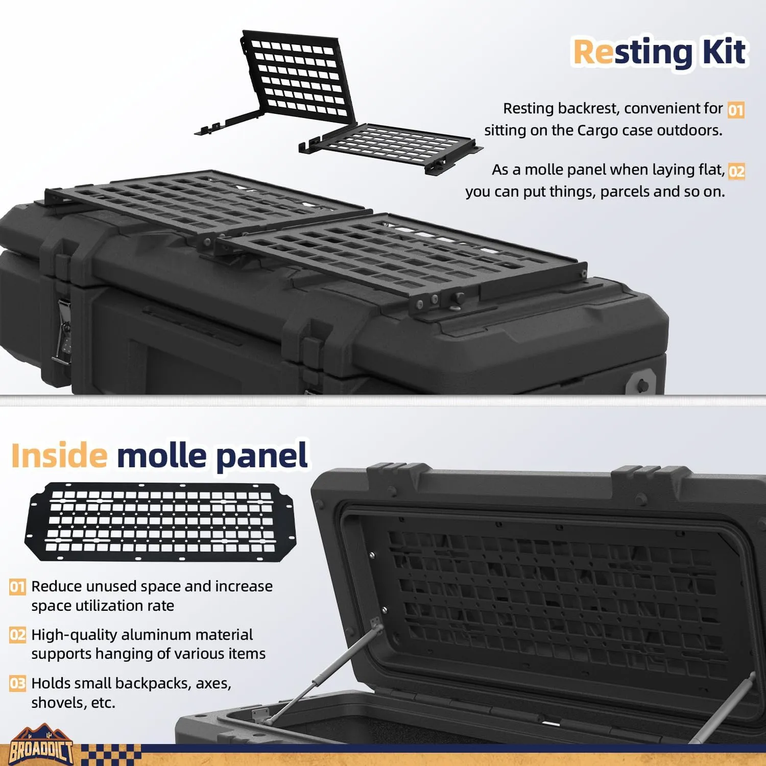 MGS 141 Quart Waterproof Cargo Case with Resting Kit & Inside Molle Panel Travel Assist Tires