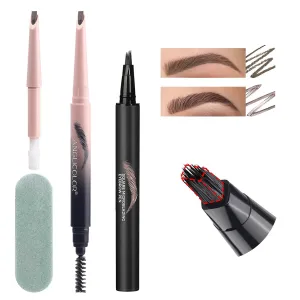 Microblading Eyebrow Pencil Kit – Angled Square Tip Liquid Eyebrow Pencil, Shaping and Filling Brow Definer Pen with Brush & Refill Core, Sharpening Sponge, Waterproof for Hair-Like Strokes (02 Brown)