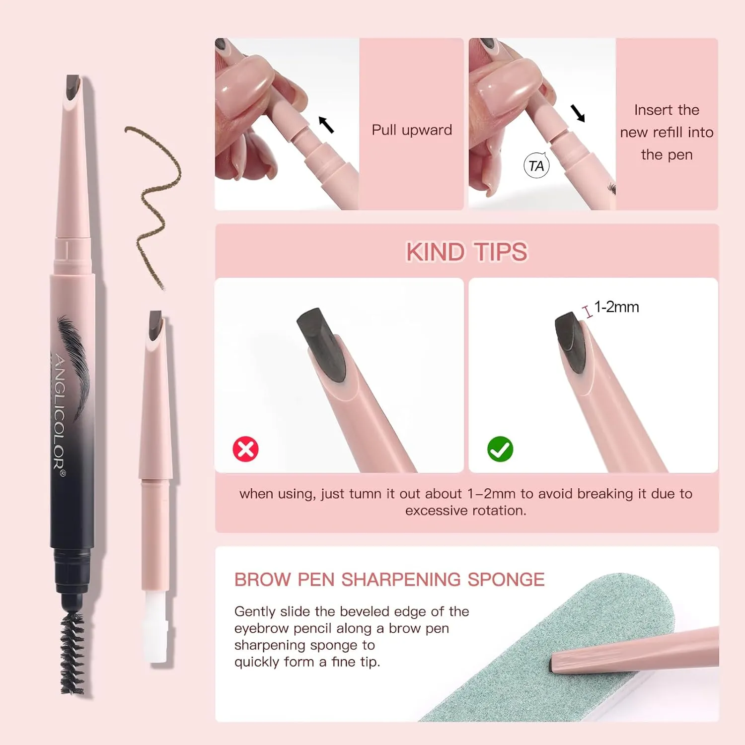 Microblading Eyebrow Pencil Kit – Angled Square Tip Liquid Eyebrow Pencil, Shaping and Filling Brow Definer Pen with Brush & Refill Core, Sharpening Sponge, Waterproof for Hair-Like Strokes (02 Brown)