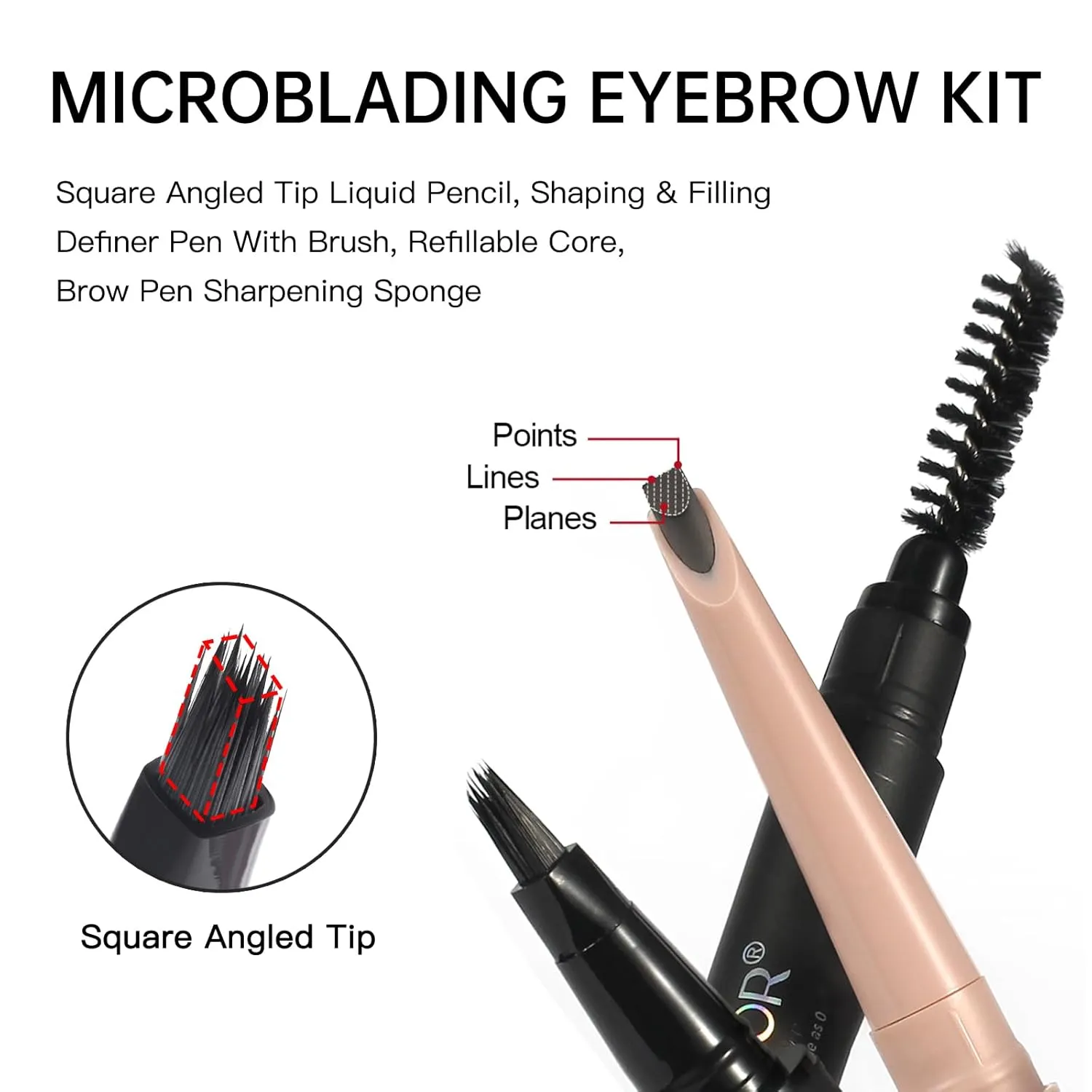 Microblading Eyebrow Pencil Kit – Angled Square Tip Liquid Eyebrow Pencil, Shaping and Filling Brow Definer Pen with Brush & Refill Core, Sharpening Sponge, Waterproof for Hair-Like Strokes (02 Brown)