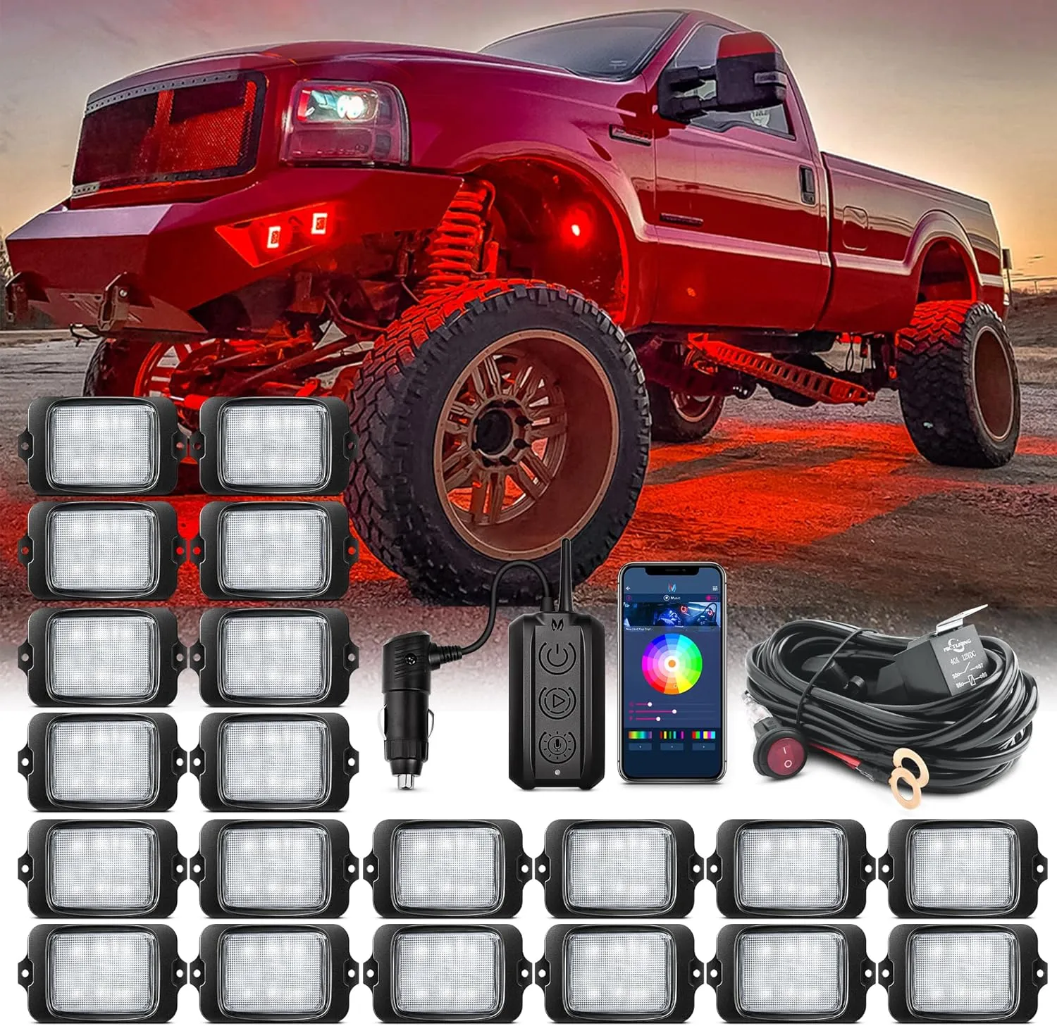MICTUNING C3 Extensible RGBW LED Rock Lights Kit - 20 Pods Wireless Control Multi-Color Neon Underglow Lights with Bluetooth APP & Control Box (Extensible Up to 32 Pods)