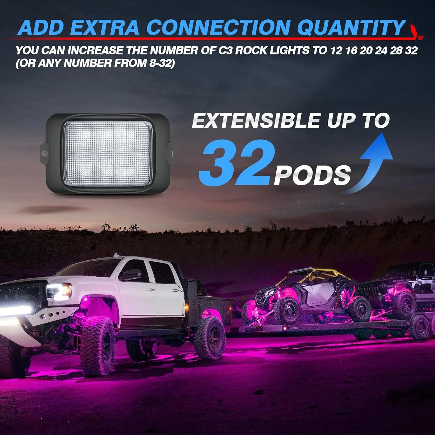 MICTUNING C3 Extensible RGBW LED Rock Lights Kit - 20 Pods Wireless Control Multi-Color Neon Underglow Lights with Bluetooth APP & Control Box (Extensible Up to 32 Pods)