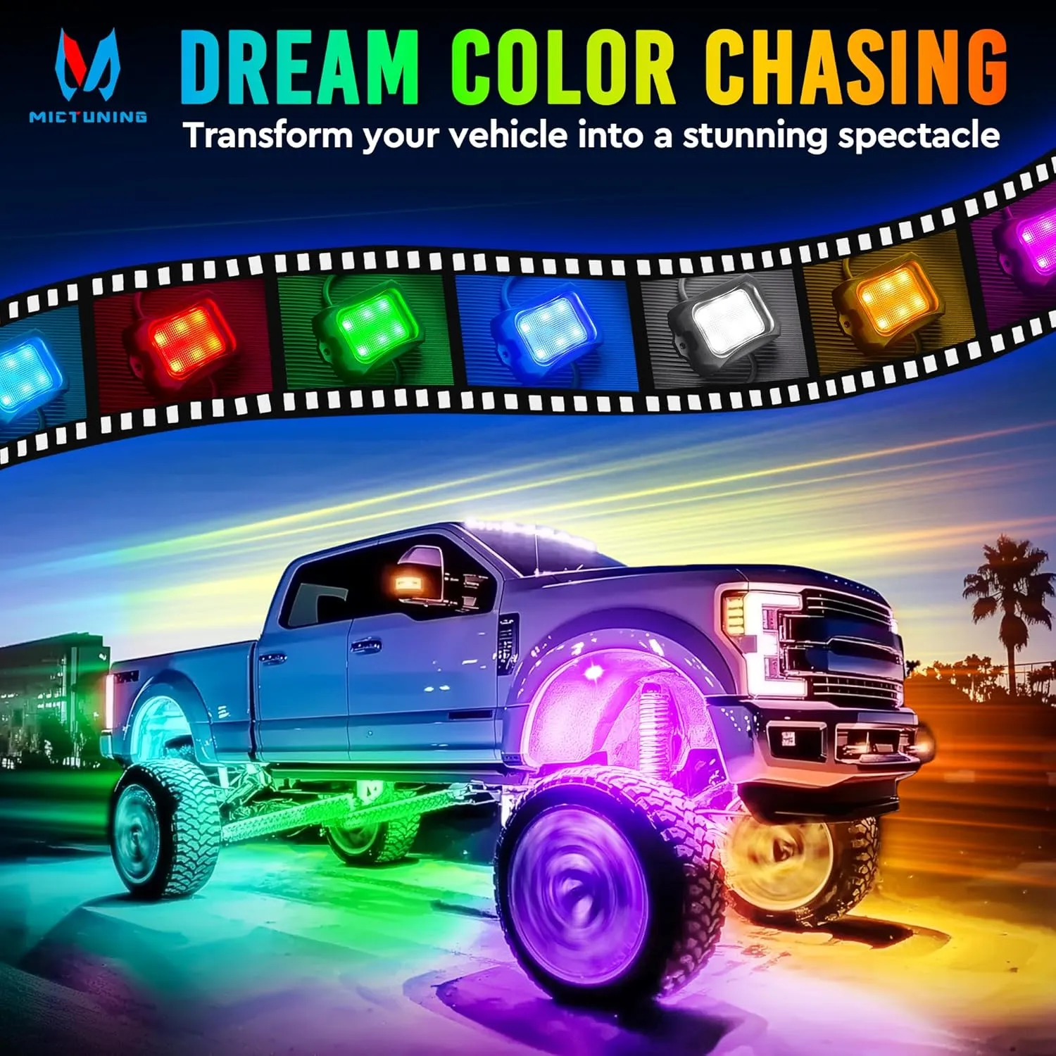 MICTUNING RGB IC Chasing Color LED Rock Lights, 12 Pods Underglow Neon Lighting Kit, Extensible Up to 24 Pods, Multi-Function APP Control, Waterproof IP68, for Trucks ATV UTV SUV