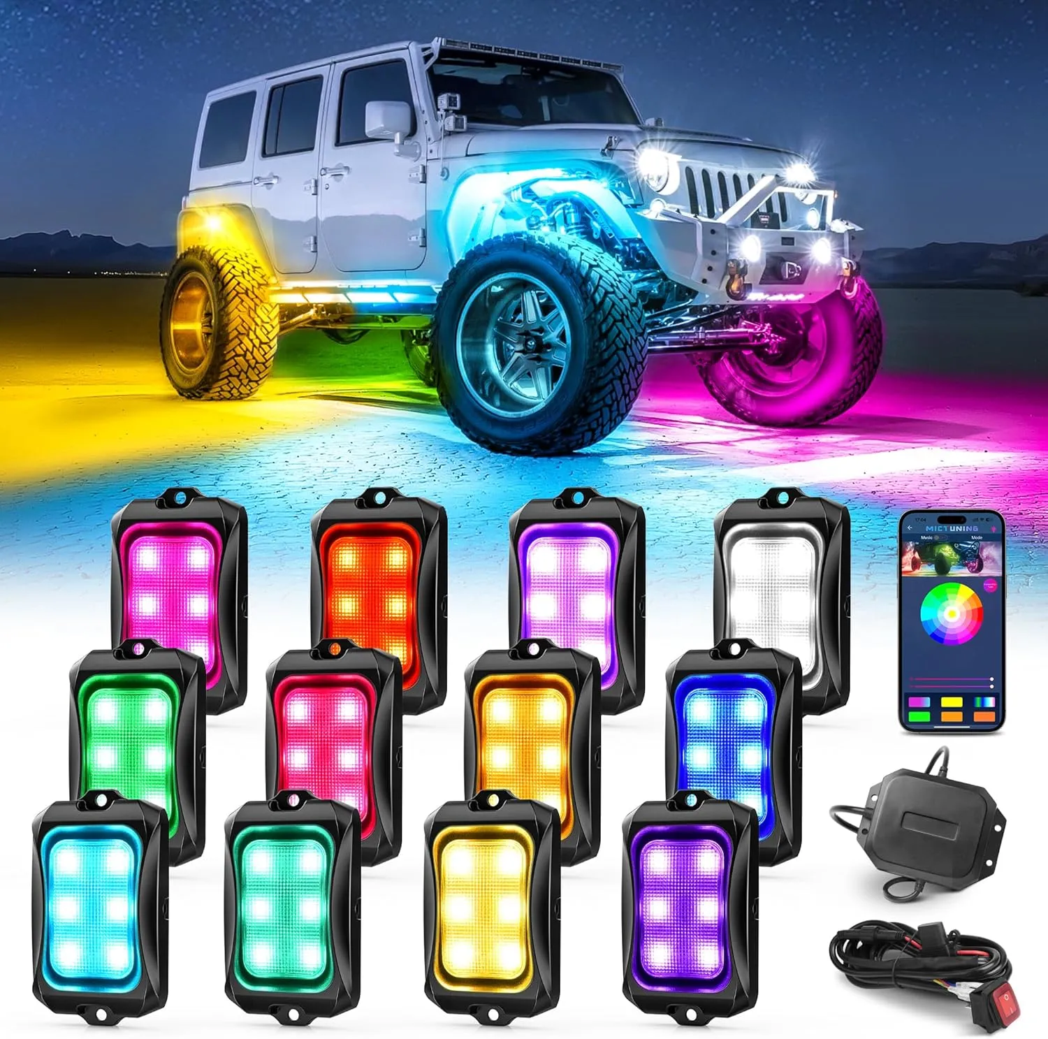 MICTUNING RGB IC Chasing Color LED Rock Lights, 12 Pods Underglow Neon Lighting Kit, Extensible Up to 24 Pods, Multi-Function APP Control, Waterproof IP68, for Trucks ATV UTV SUV