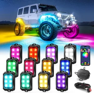 MICTUNING RGB IC Chasing Color LED Rock Lights, 12 Pods Underglow Neon Lighting Kit, Extensible Up to 24 Pods, Multi-Function APP Control, Waterproof IP68, for Trucks ATV UTV SUV