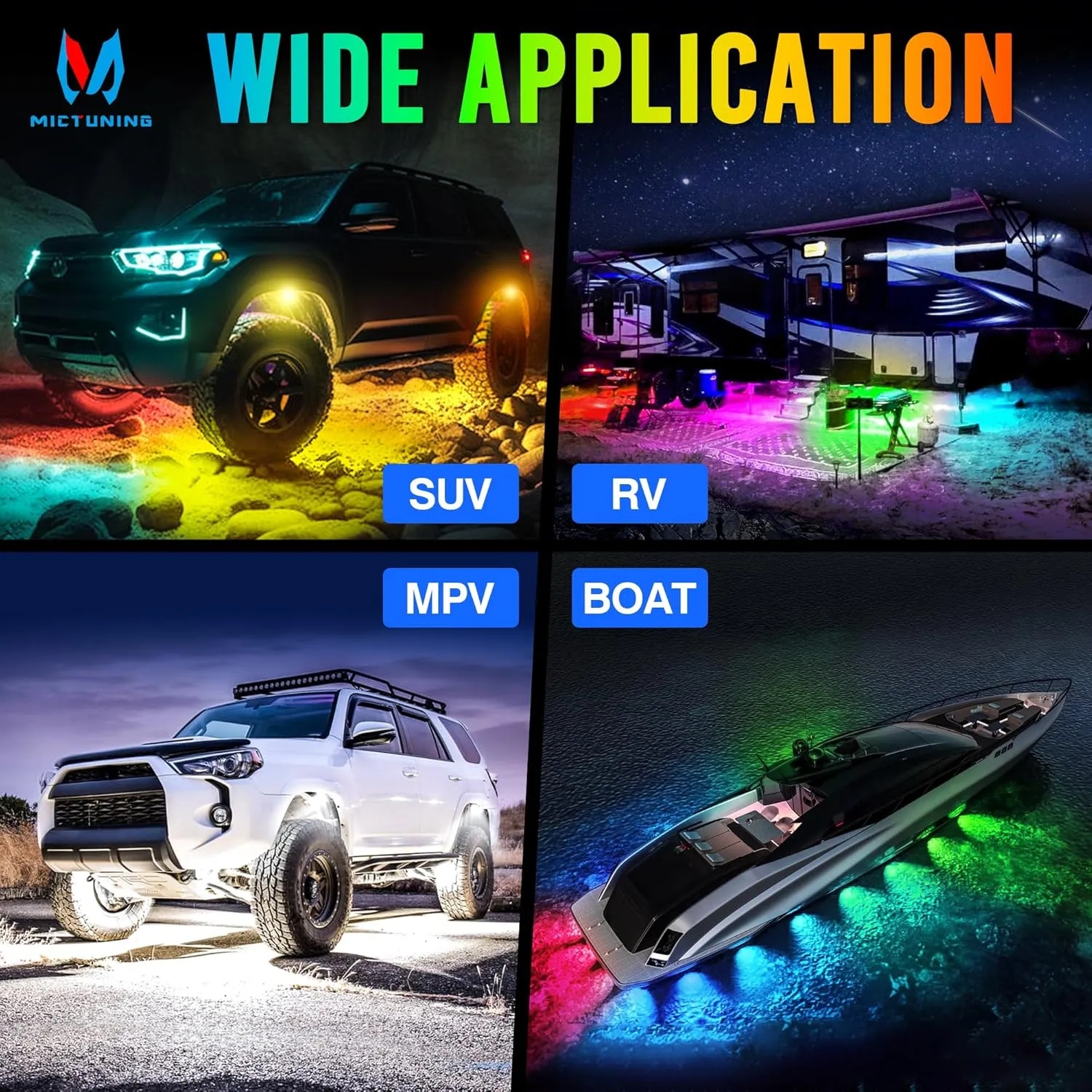 MICTUNING RGB IC Chasing Color LED Rock Lights, 12 Pods Underglow Neon Lighting Kit, Extensible Up to 24 Pods, Multi-Function APP Control, Waterproof IP68, for Trucks ATV UTV SUV