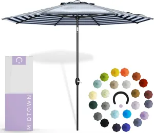 Midtown Umbrellas 10-Year-No-Fade - 9 Ft - UV Proof Navy Stripes Polyester Fabric - Umbrella Outdoor Patio, Auto-Tilt Aluminum Frame Patio Umbrella for Garden, Pool & Deck - Black Pole
