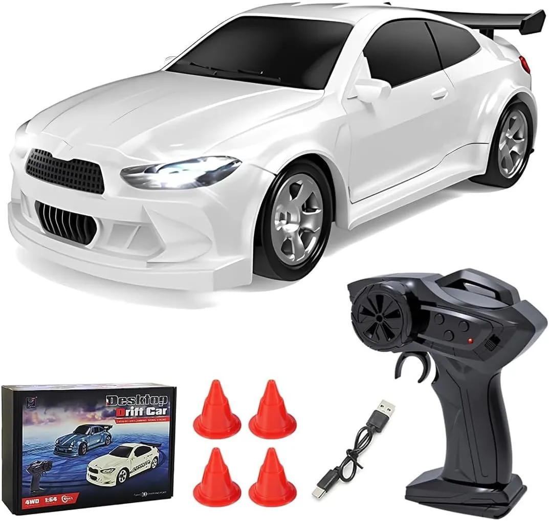Mini RC Drift Car, 1/64 Scale 4WD Proportional Control 15KM/H RC Car with LED Lights, Ideal Gift for Adults