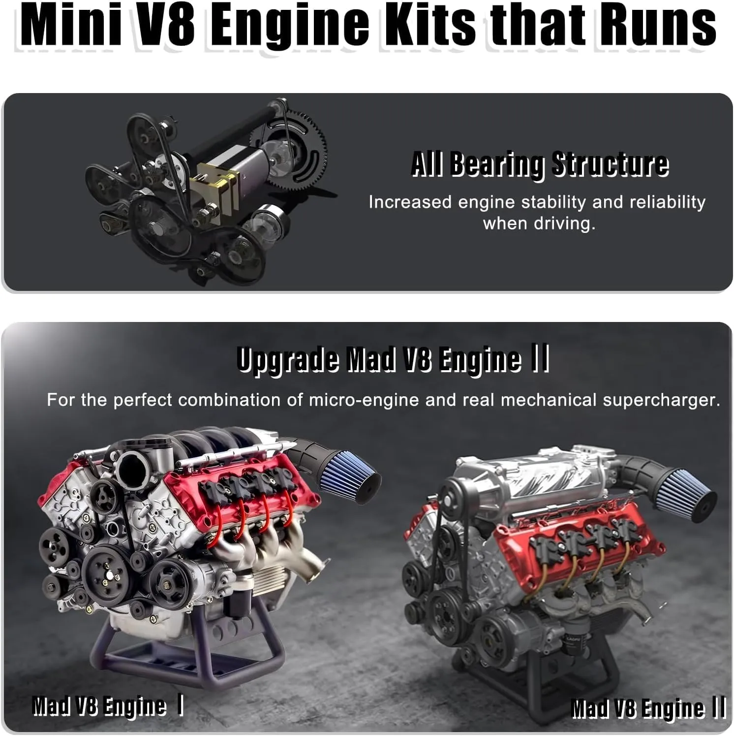 Mini V8 Engine Kits That Runs - V8 Engine Model Kits, Cison Engine MAD Miniature RC Engine Kits for Adults to Build, DIY Plastic Model Suitable for Car AX90104 SCX10Ⅱ Capra VS4-10 Pro/Ultra (RED I)