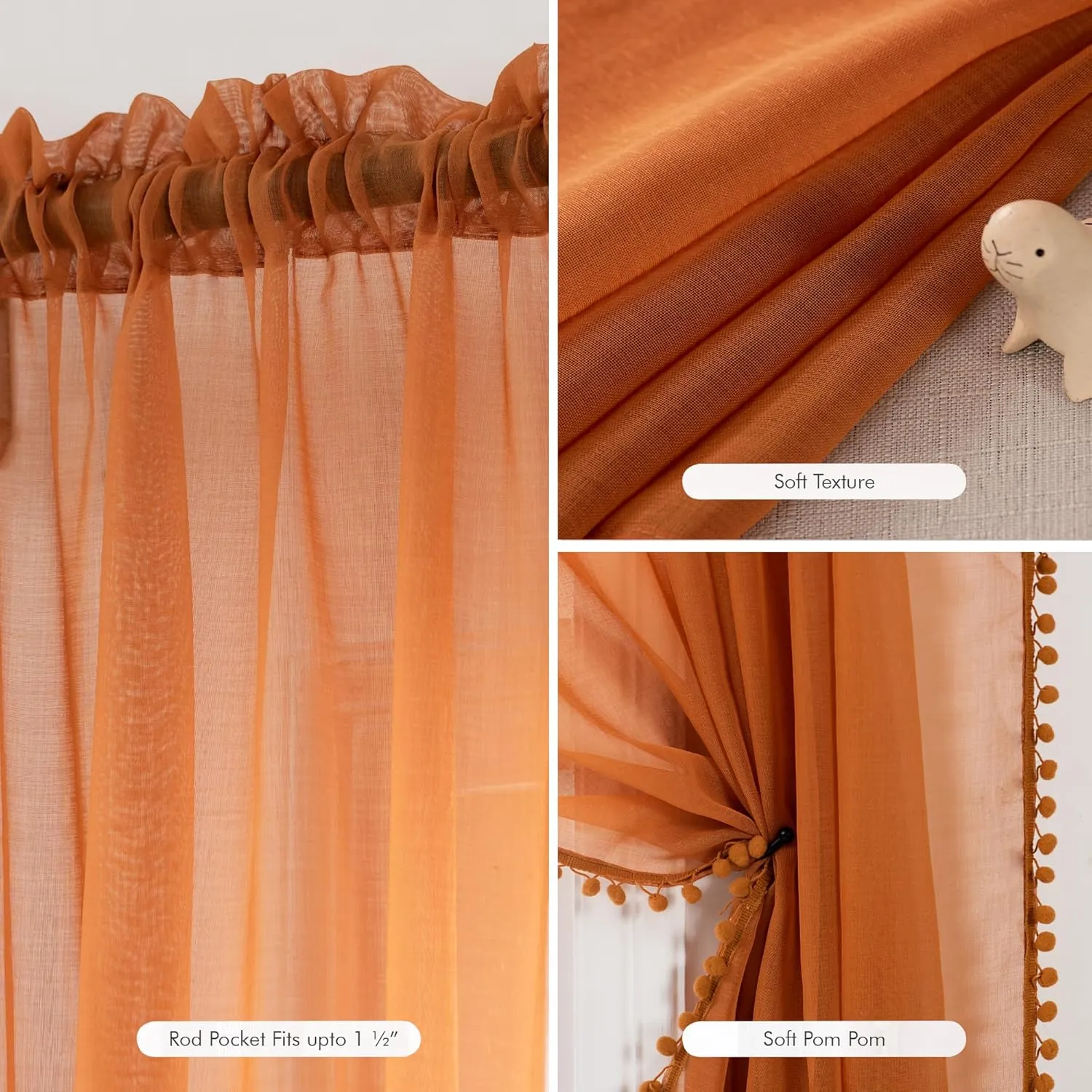 MISS SELECTEX Linen Look Pom Pom Tasseled Sheer Curtains - Rod Pocket Voile Semi-Sheer Curtains for Living and Bedroom, Set of 2 Curtain Panels (52 x 84 inch, Pumpkin Yellow)