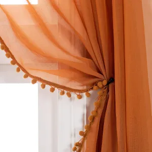 MISS SELECTEX Linen Look Pom Pom Tasseled Sheer Curtains - Rod Pocket Voile Semi-Sheer Curtains for Living and Bedroom, Set of 2 Curtain Panels (52 x 84 inch, Pumpkin Yellow)
