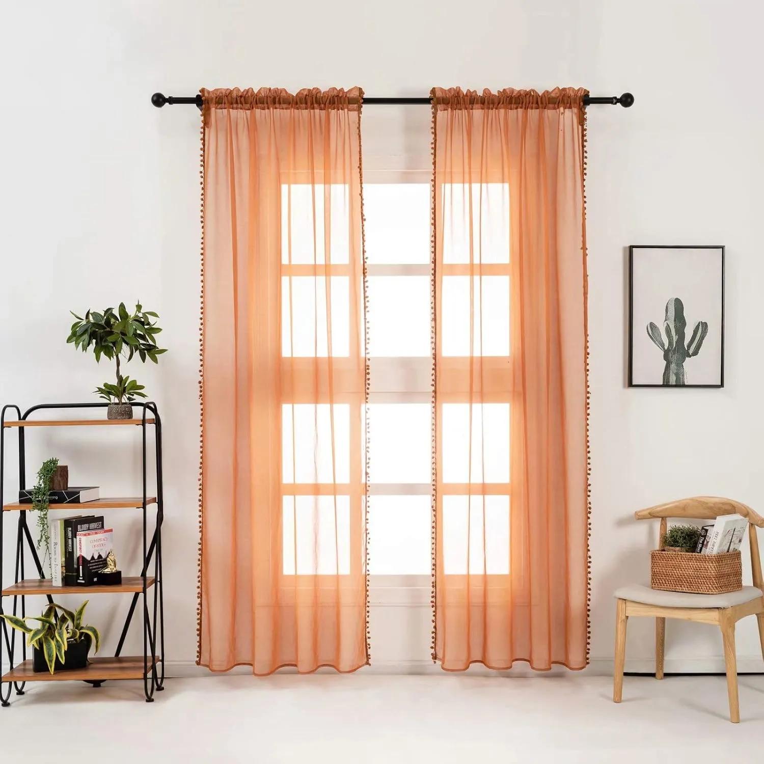 MISS SELECTEX Linen Look Pom Pom Tasseled Sheer Curtains - Rod Pocket Voile Semi-Sheer Curtains for Living and Bedroom, Set of 2 Curtain Panels (52 x 84 inch, Pumpkin Yellow)