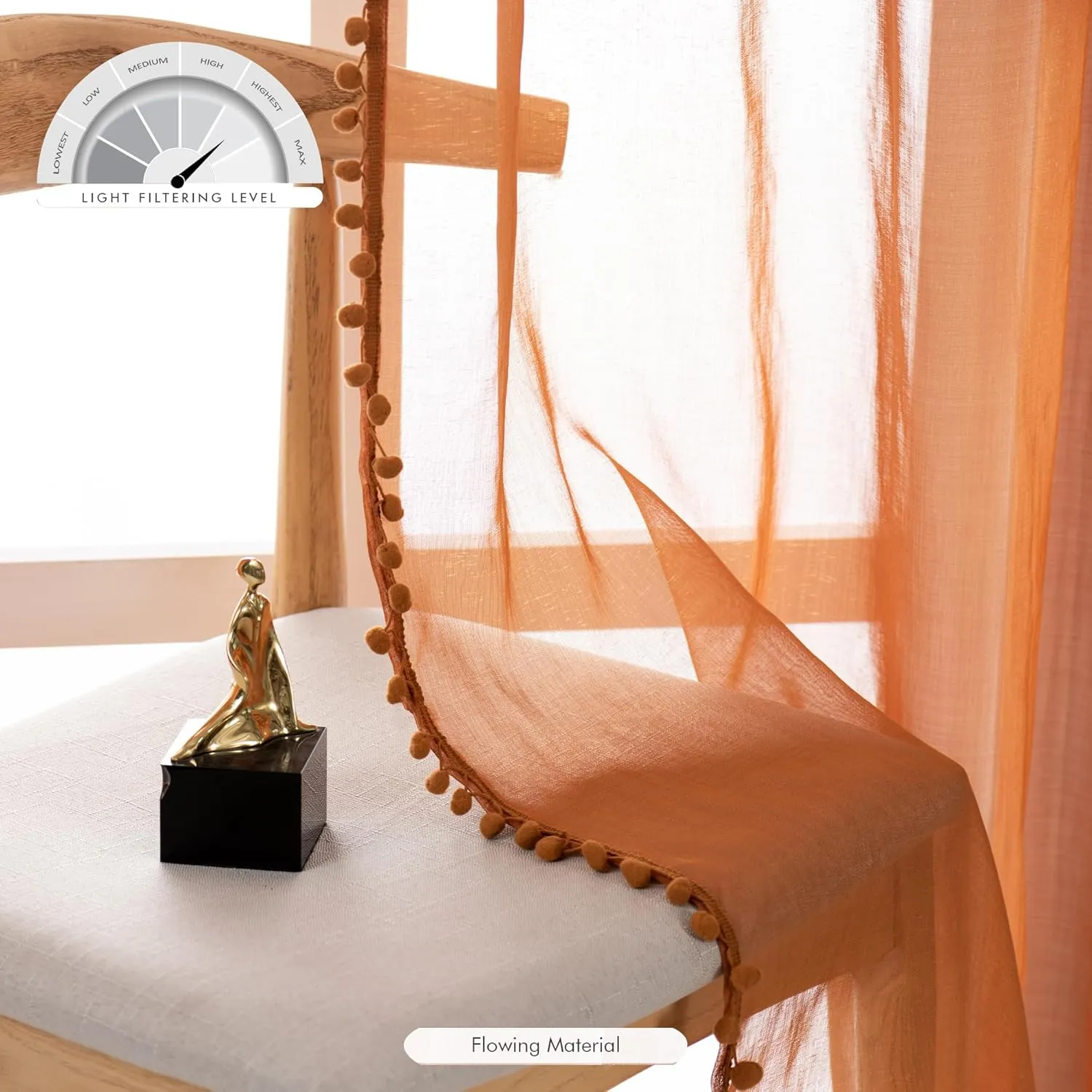 MISS SELECTEX Linen Look Pom Pom Tasseled Sheer Curtains - Rod Pocket Voile Semi-Sheer Curtains for Living and Bedroom, Set of 2 Curtain Panels (52 x 84 inch, Pumpkin Yellow)