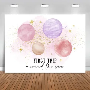 Mocsicka First Trip Around The Sun Backdrop Outer Space Girls First Birthday Background Pink Planets 1st Birthday Party Cake Table Decoration Photo Booth Props (7x5ft)